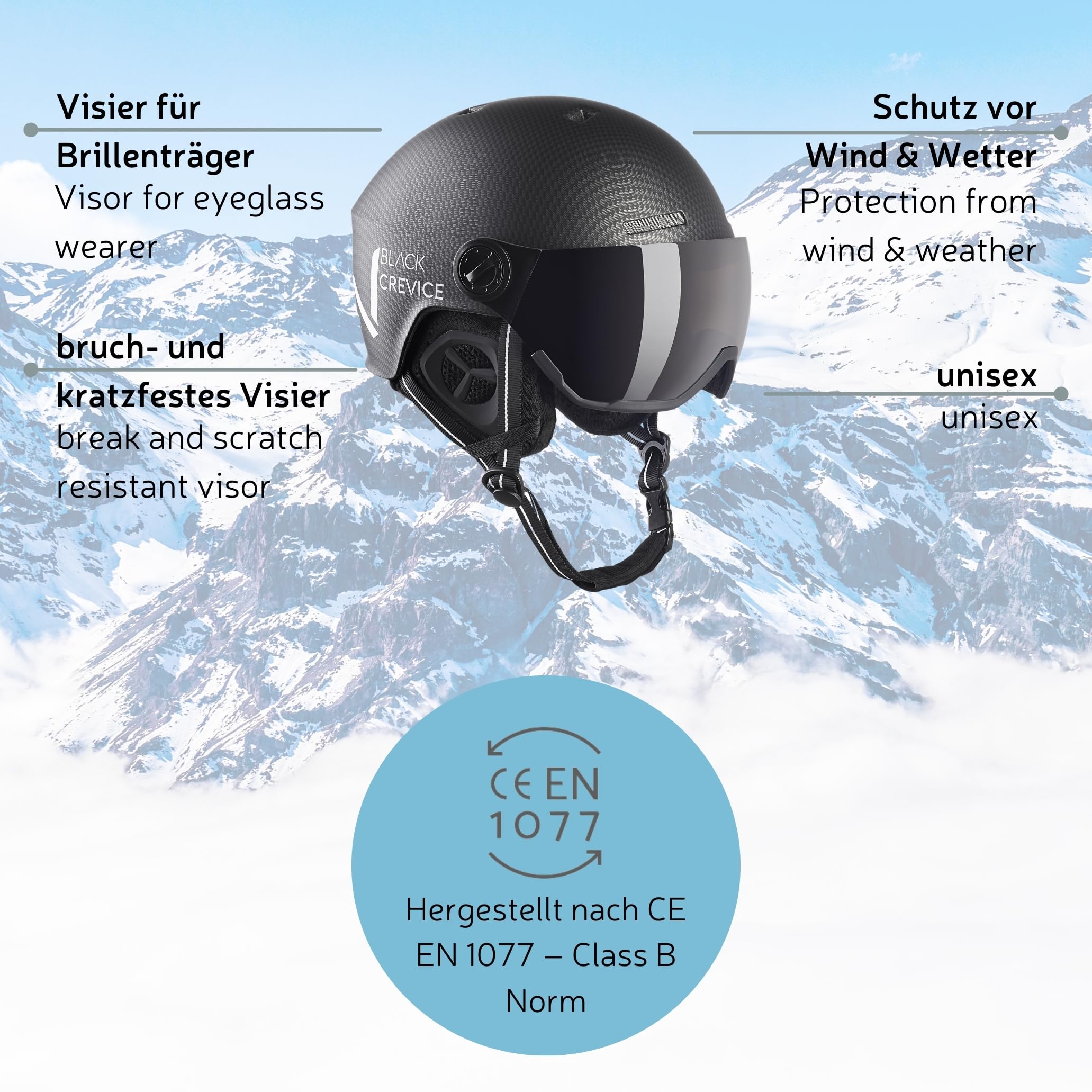 BLACK CREVICE Casco da sci Kaprun I Casco da sci con visiera stile pilota in diversi colori I Casco da sci uomo & donna I Casco da snowboard unisex I Casco da sci traspirante I Regolabile