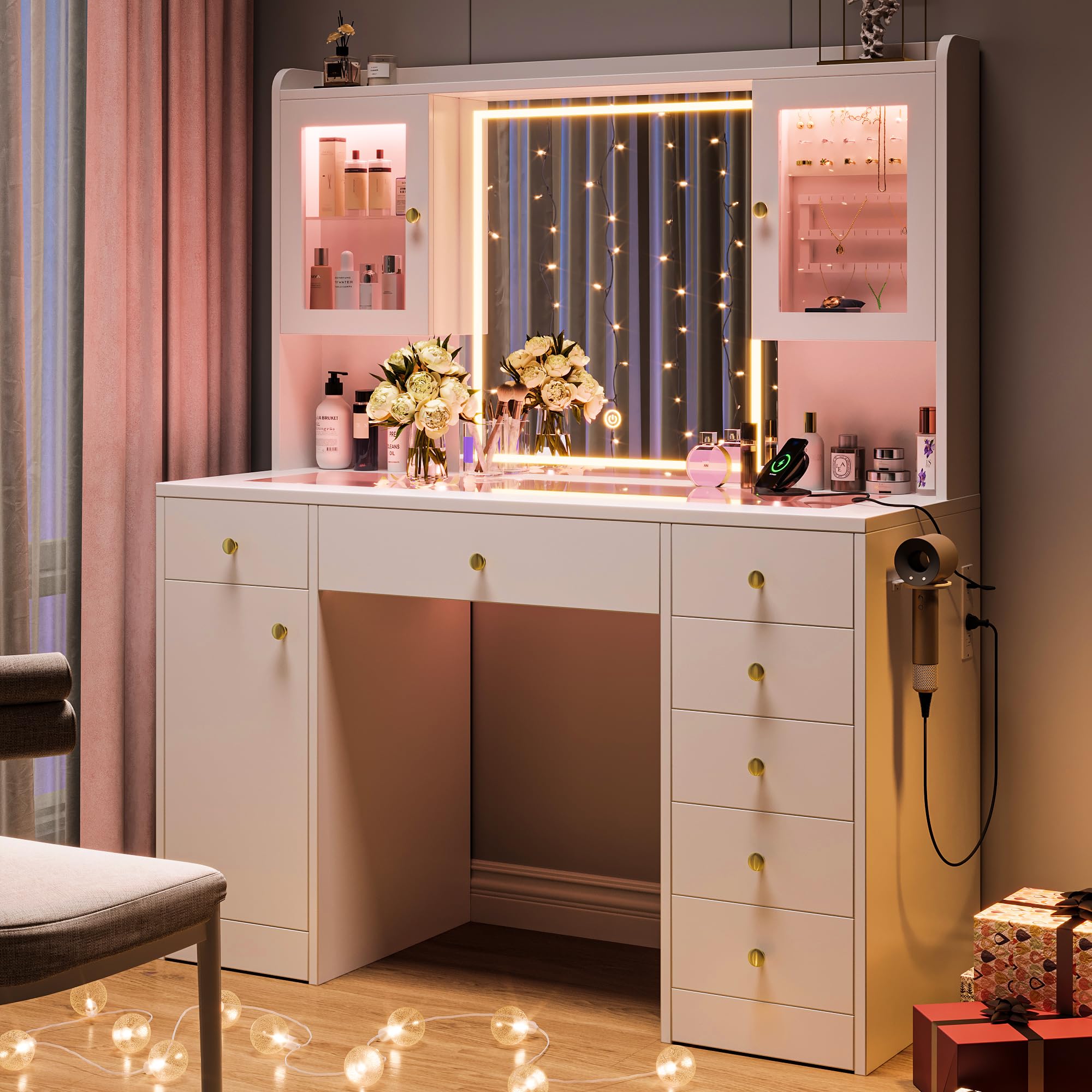 Einhomn Makeup Vanity Desk with Mirror & LED Lights, Large Glass