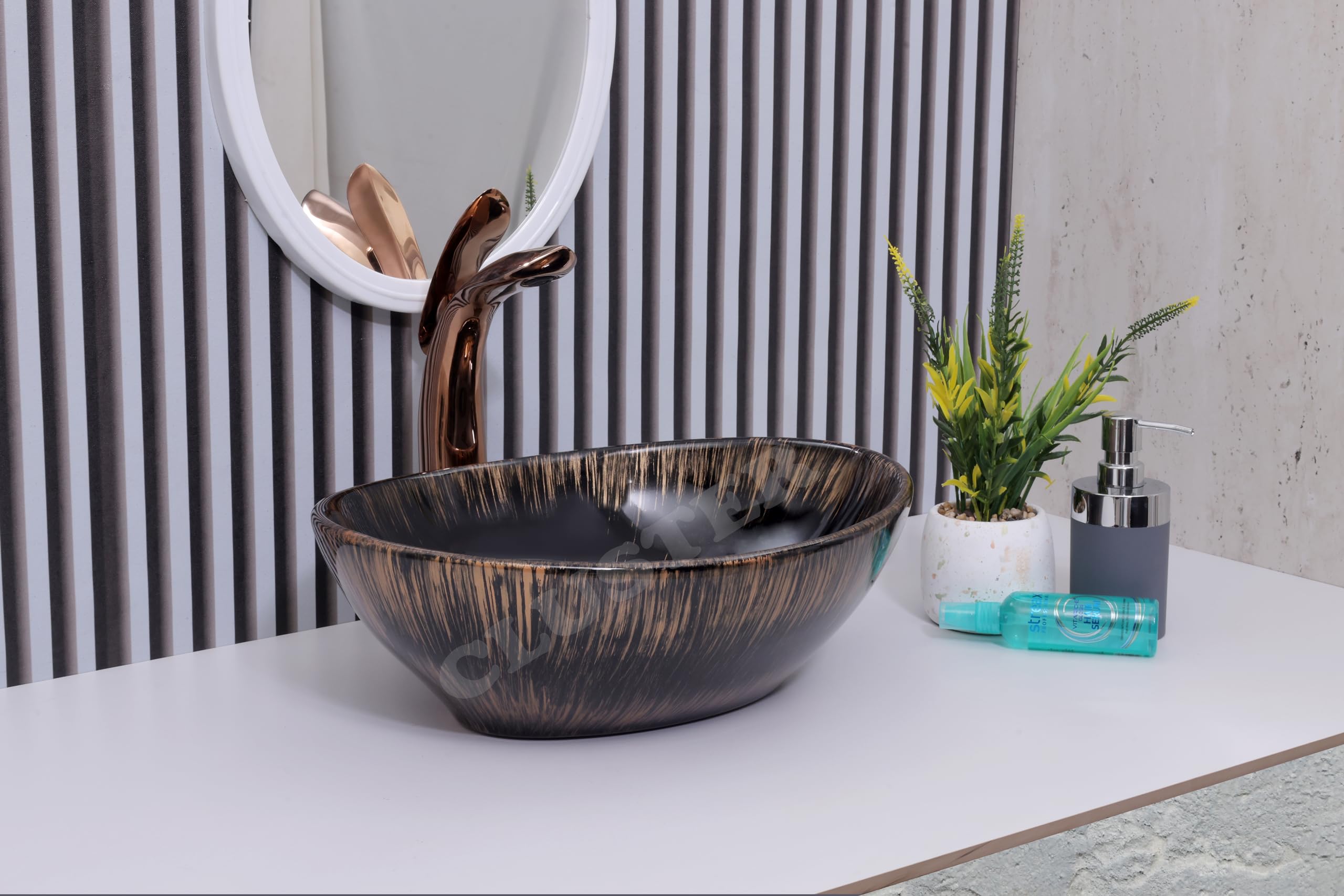 CLUSTER Designer Table Top Wash Basin For Bathroom | Ceramic Bathroom Sink | Over Counter Wash Basin for Hotel, Resturent (15.7 x 13 x 5.5) (Designer Black Gold) (B0D1QB9L3F) Amazon Price History, Amazon Price Tracker