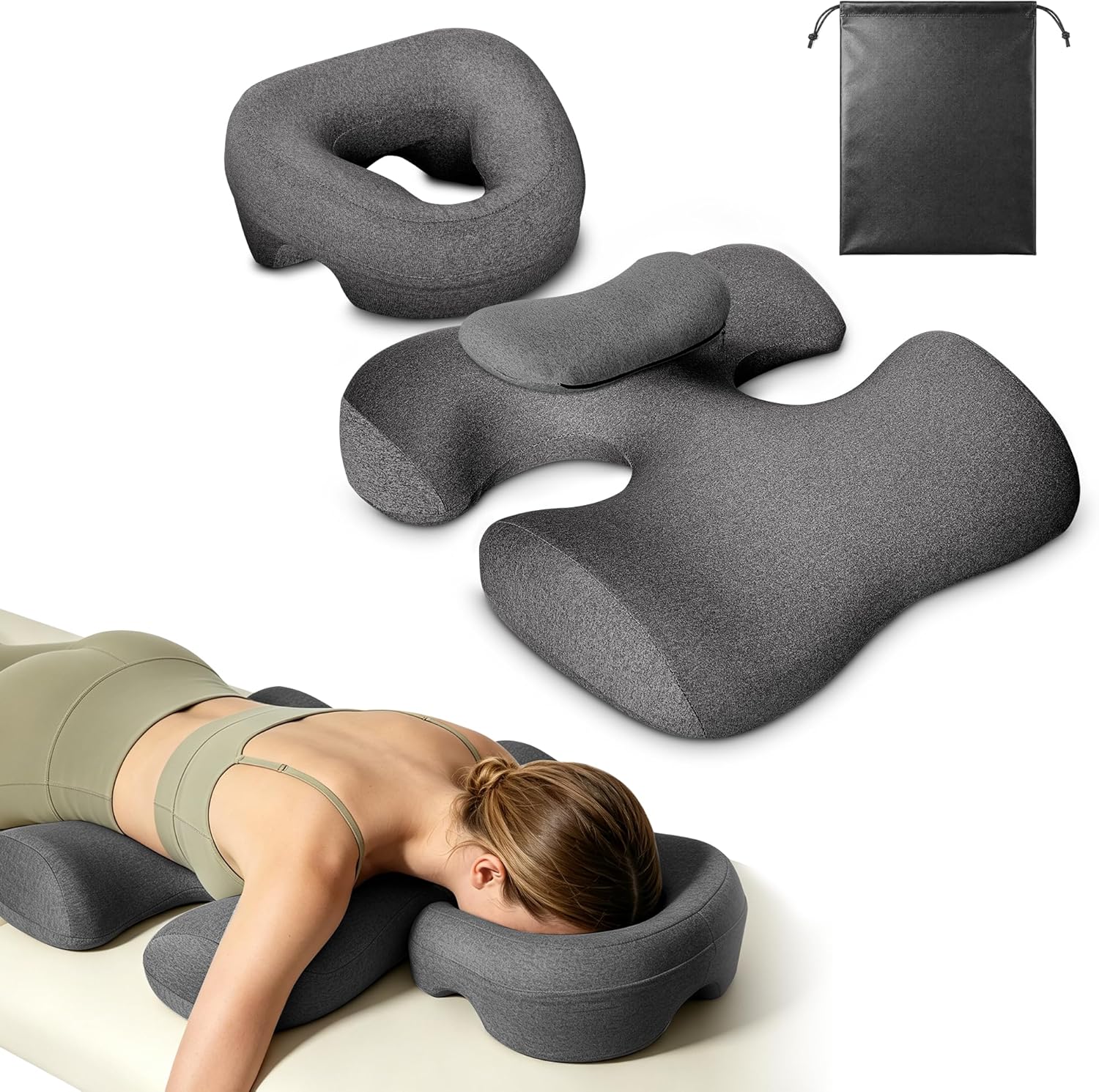 ENNVA Face Down Pillow and Breast Cushion Set, Ergonomic Massage Face Pillow for Sleeping, 3-Hole Breathable Memory Foam Massage Cushion kit with Storage Bag for SPA, Home & Stomach Sleeper, Dark Gray