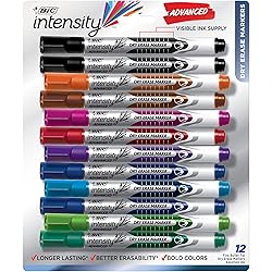 BIC Intensity Advanced Colorful Dry Erase Markers, Bullet Tip, 12-Count Pack of Assorted Colors, Whiteboard Markers for Teachers and Office Supplies