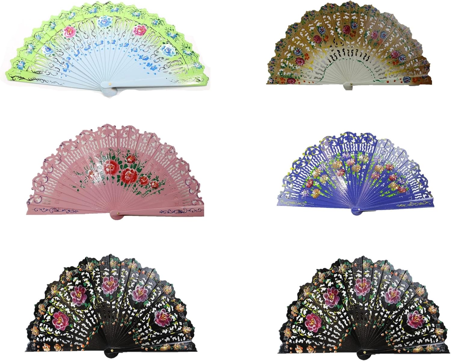 usamjtable Set of 6 Asian Style Folding Fans Double Sided Wooden Spanish Floral Print Design Hand Fan Party Decoration Gift Idea Indoor Decor