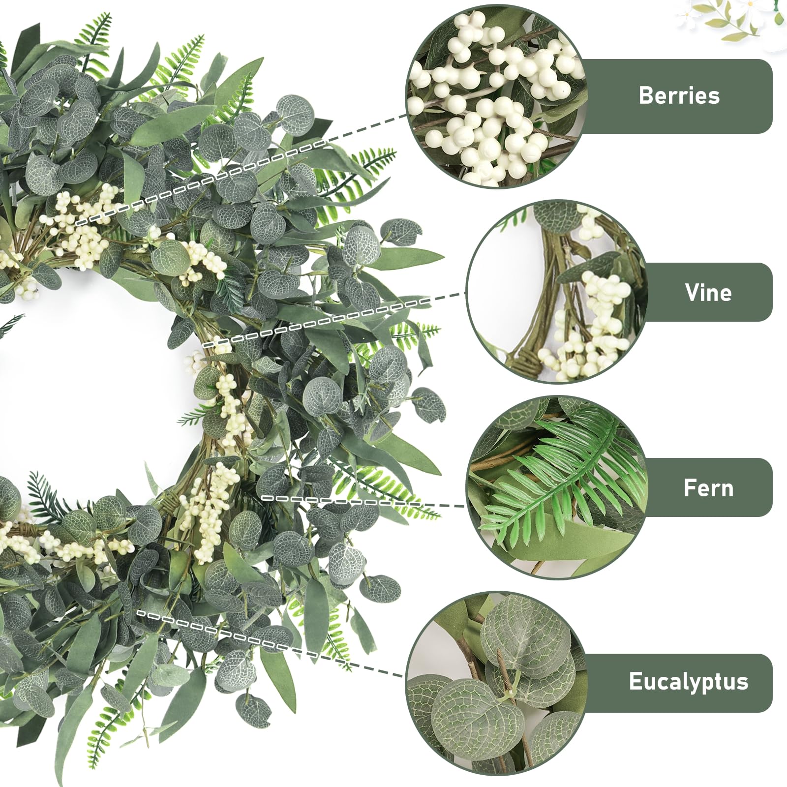 Eucalyptus Wreath, 21 Inch Artificial Wreaths for Front Door with Berries & Green Eucalyptus, Spring Summer All Season Greenery Wreath for Easter Farmhouse Window Porch Wall Home Indoor Outdoor Decor