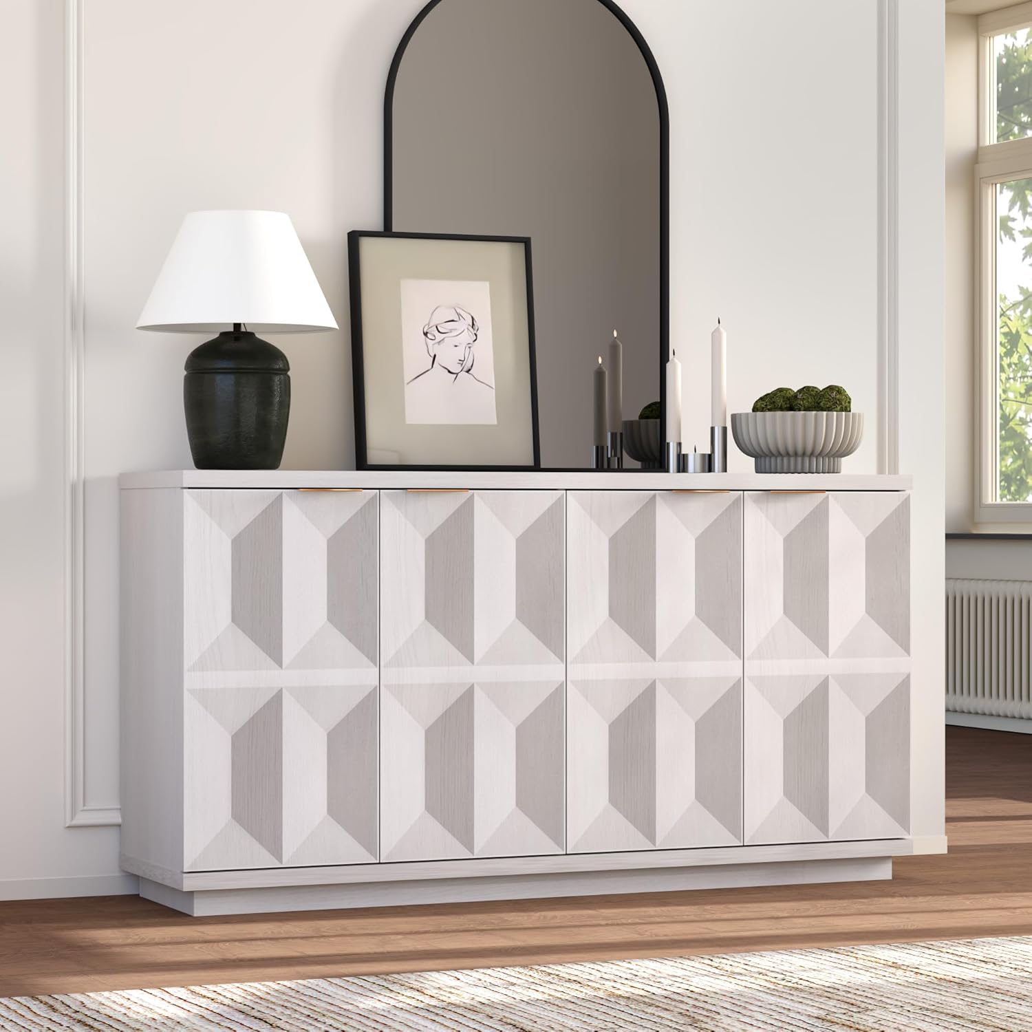 Yechen 59" White Oak Sideboard Buffet Cabinet with Storage, Modern Credenza with 3D Geometric Pattern Doors & Adjustable Shelves, Accent Wood Media Console Table for Living Room, Kitchen, Entryway