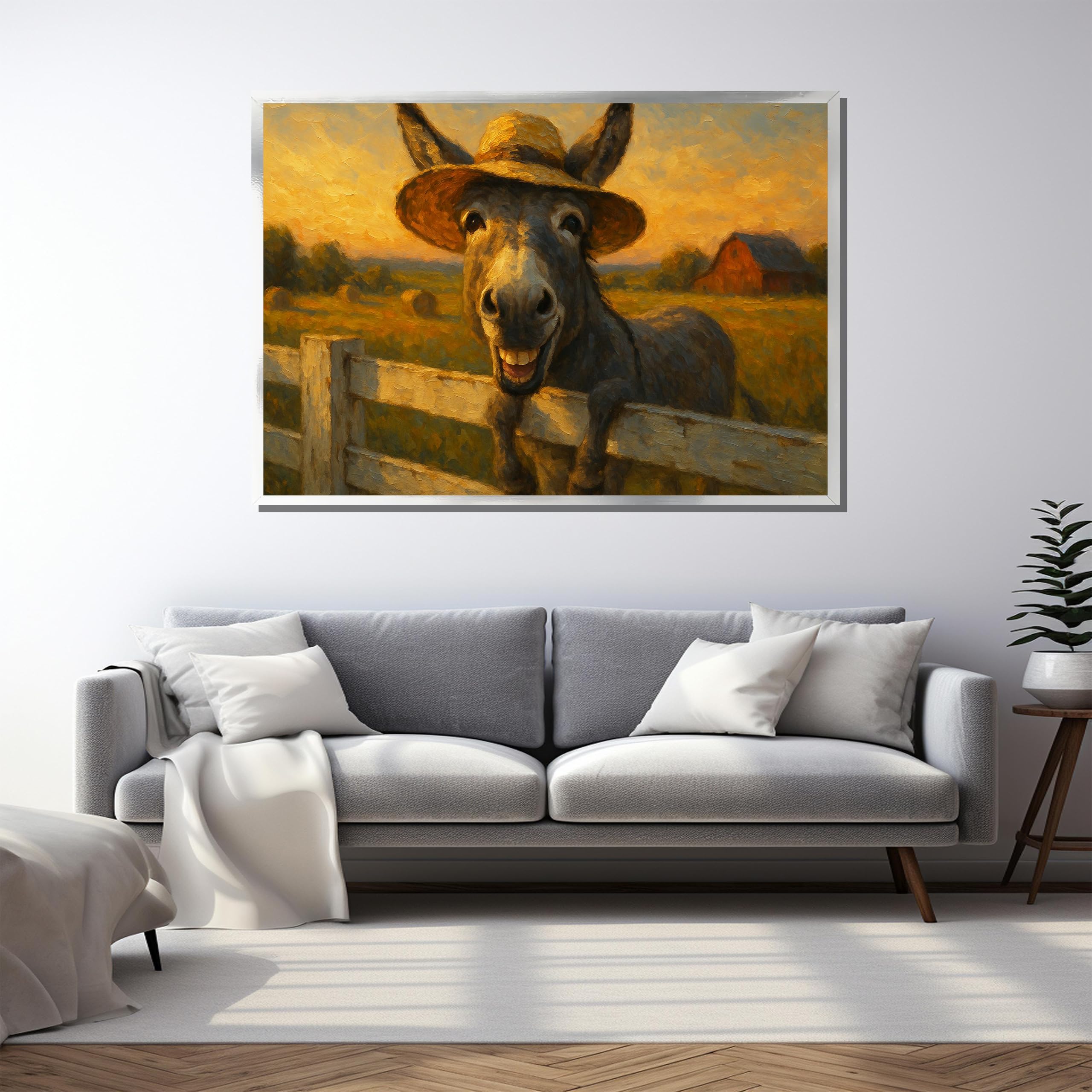 XINBAO Śliczny osioł z kapeluszem, obraz na płótnie w stylu rustykalnym do salonu lub kuchni (21 x 30 cm/wewnętrzna rama)