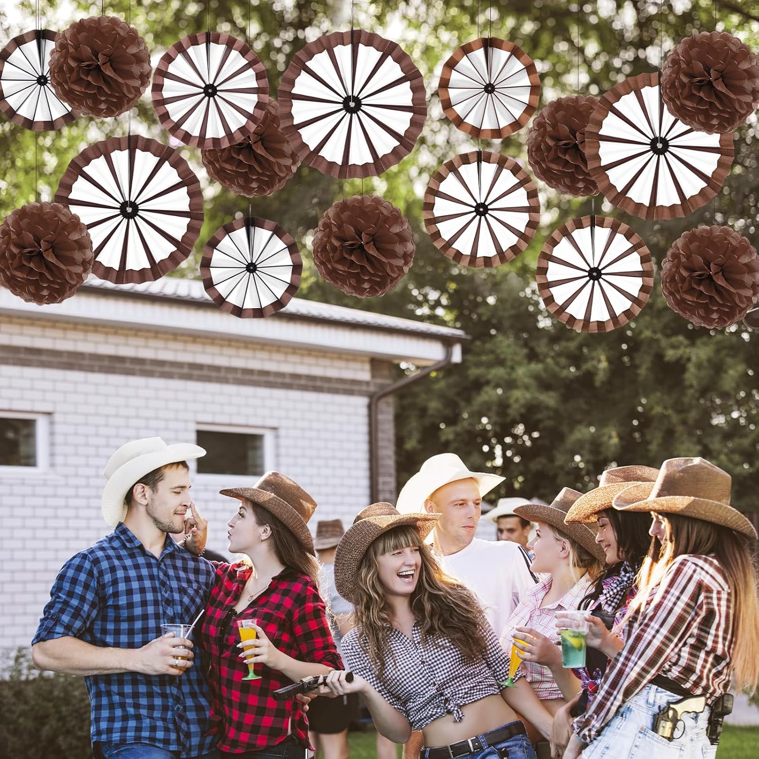 Outus 21 Pcs Western Cowboy Party Decorations Paper Fans Wagon Wheels Decorations Brown Paper Pom Poms Country Western Hanging Fans Tissue Flower for Wild Cowboy Themed Birthday Party Supplies Decor