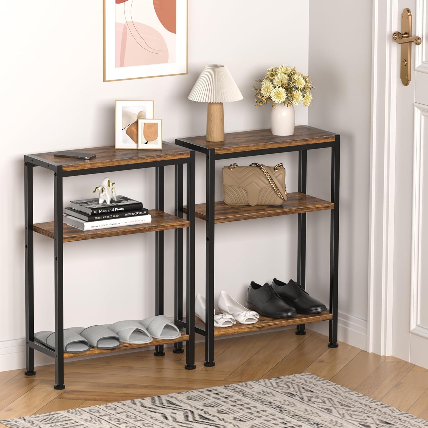 Narrow Side Table for Small Space, 3-Tier Small End Table with Shelf Holder, Slim Nightstand, Skinny Snack Couch Table in Living Room, Bedroom, Study, Kitchen and Balcony（Rustic Brown