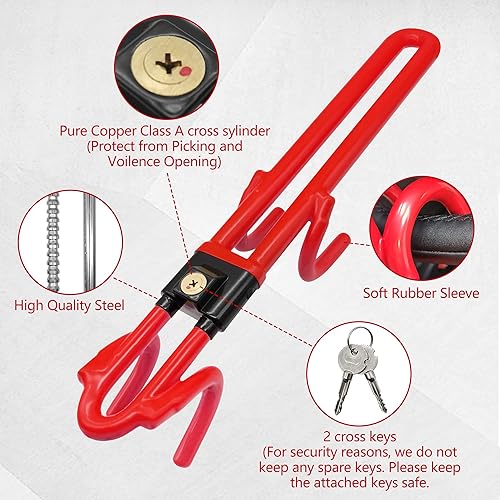 Miniatura 3 de Cerradura antirrobo para volante, longitud ajustable, doble gancho, ajuste universal para coches, furgonetas, caravanas, SUV, camiones, rojo