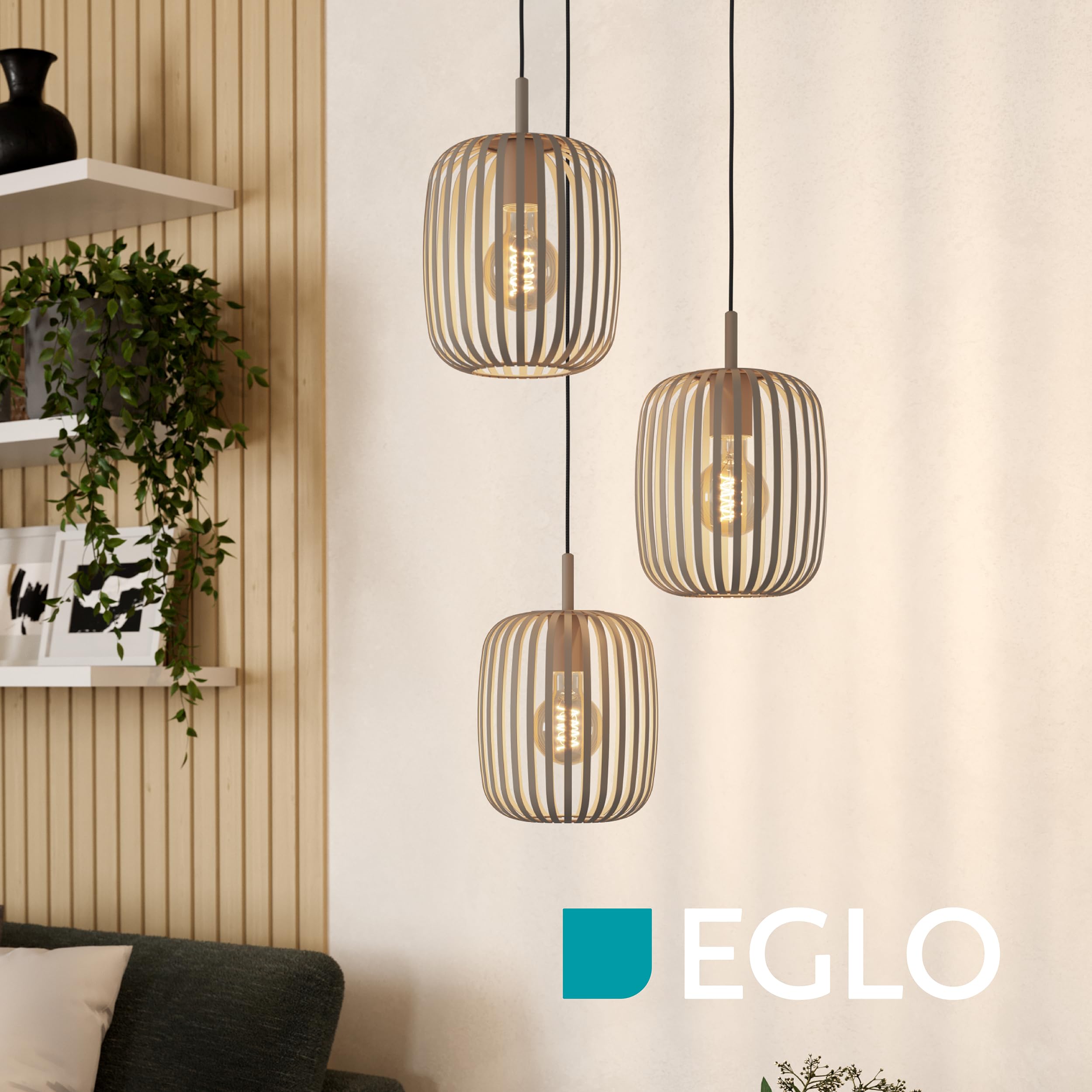EGLO Pendellampe Romazzina, 3-flammige Pendelleuchte über Esstisch, runde Hängeleuchte aus Metall in Sandfarben, Hängelampe mit E27 Fassung, Ø 46 cm