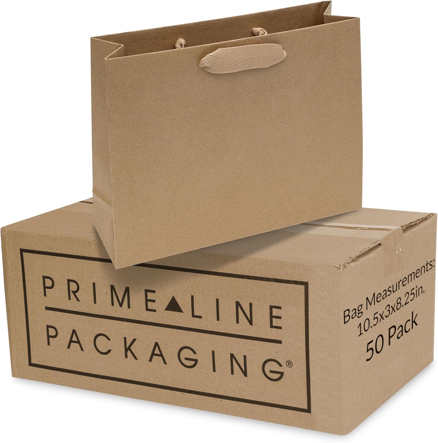 Prime Line Packaging Brown Gift Bags, Kraft Shopping Bags Small with Handles for Small Business, Boutiques, Retail Use, Merchandise, Bulk, 10.5x3x8.25, 50 Pack