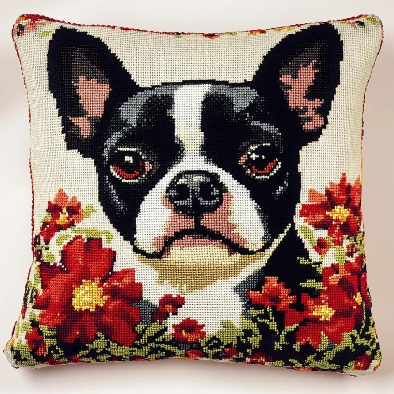 Nahuigood 11Ct Stamped Cross Stitch Pillow Kits,French Bulldog 45X45cm Embroidery Pillowcase Counted Needlepoint Handmade Cushion Cover Cross Stitch Cushion Cover Embroidery Kit Pillow Cases