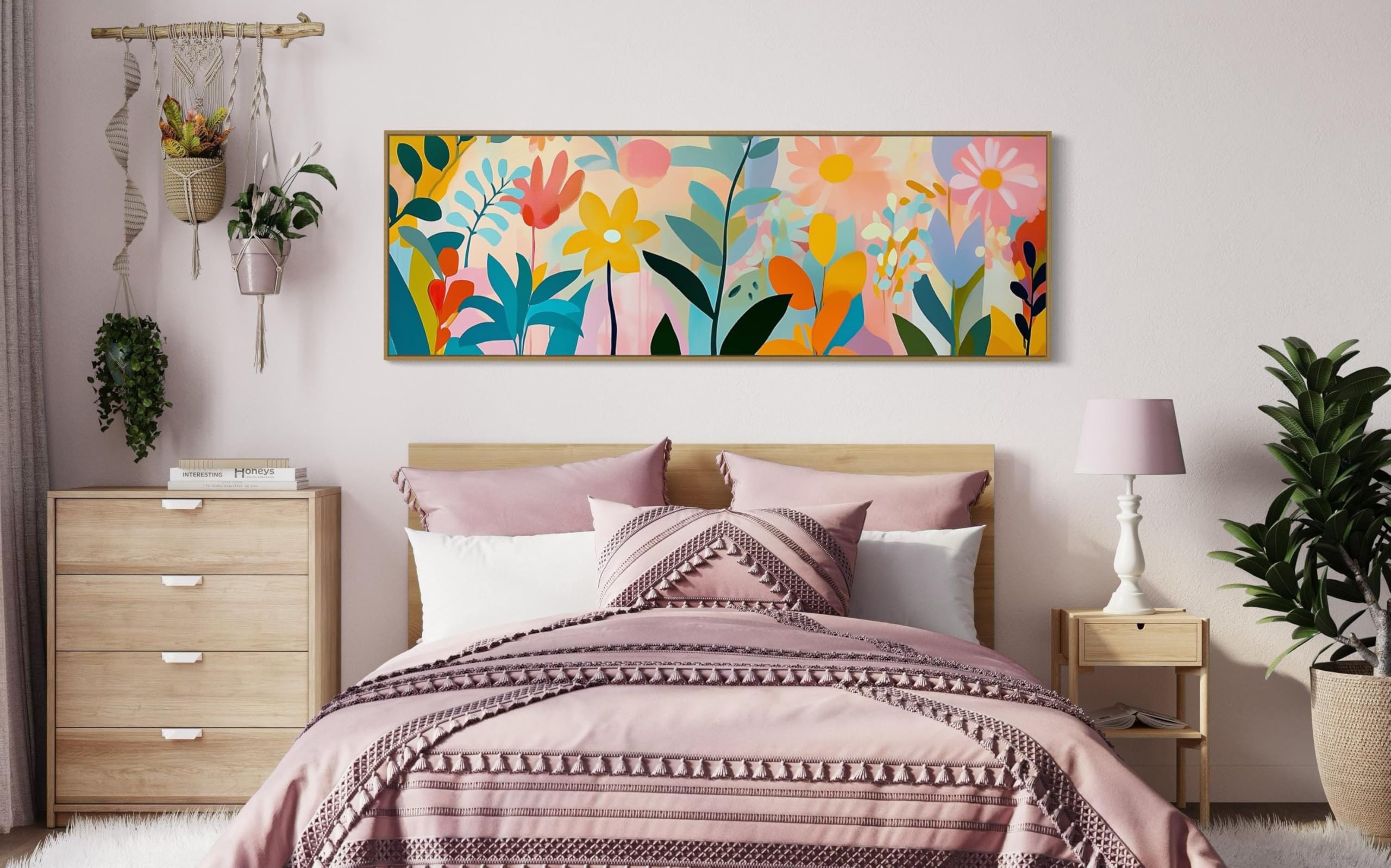 CAOXTART Abstrakcyjne płótno kwiatowe boho - kolorowa sztuka botaniczna na ścianę, nowoczesny plakat kwiatowy druk, obraz dekoracyjny do sypialni (40 x 120 cm/ramka wewnętrzna)