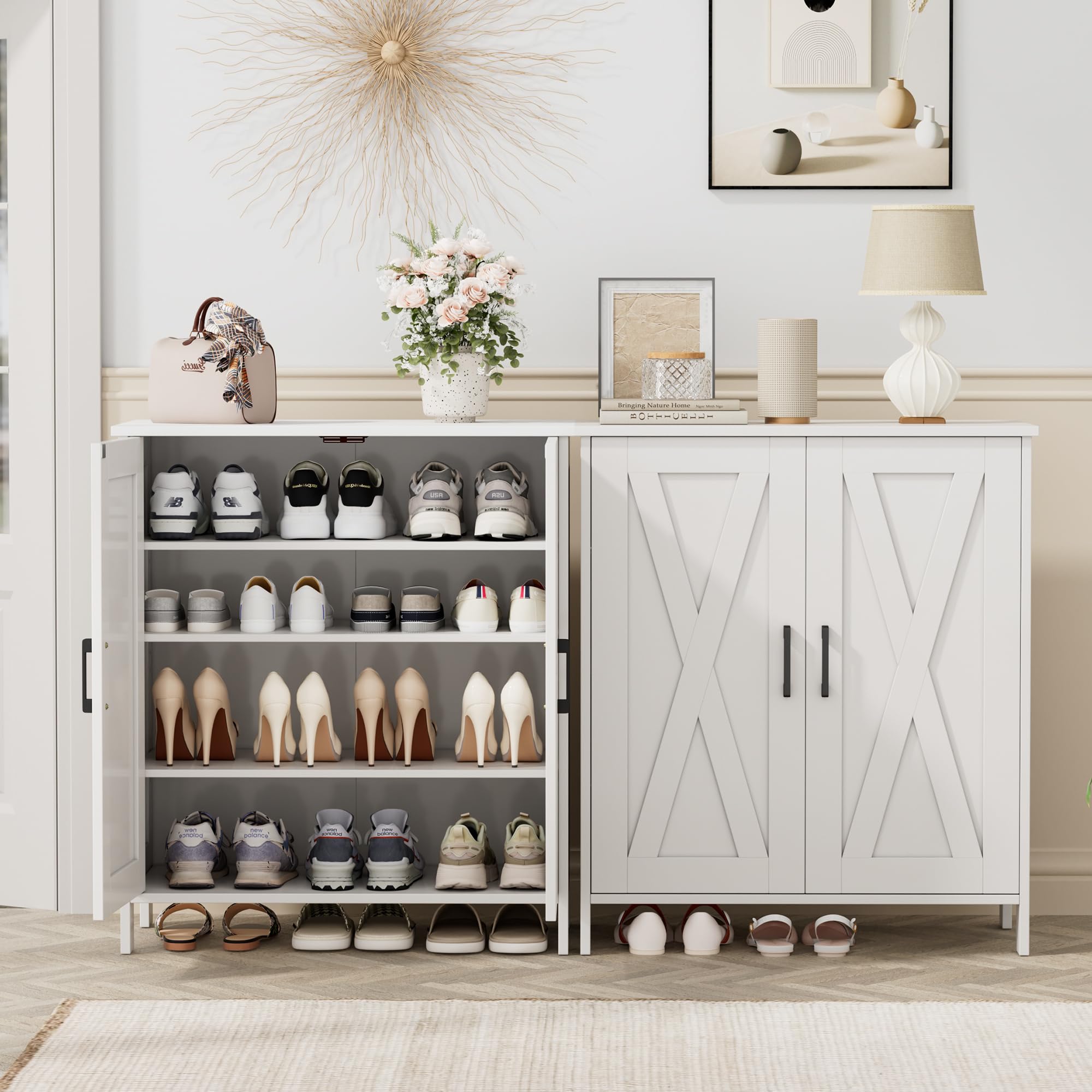 Homleke Farmhouse Shoe Cabinet with 2 Barn Doors & Wood Legs — product photo