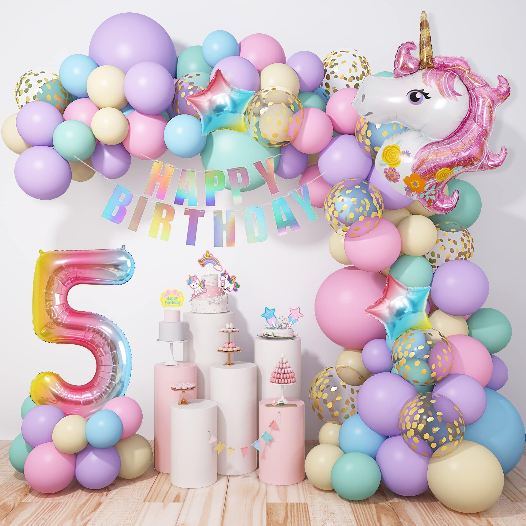 5th Unicorn Balloons Arch Kit Girl Birthday Party Decorations 120Pcs Pastel Macaron Balloon Huge 3D Unicorn Foil Age Balloons Happy Birthday Banner for Kids Birthday Party Deco