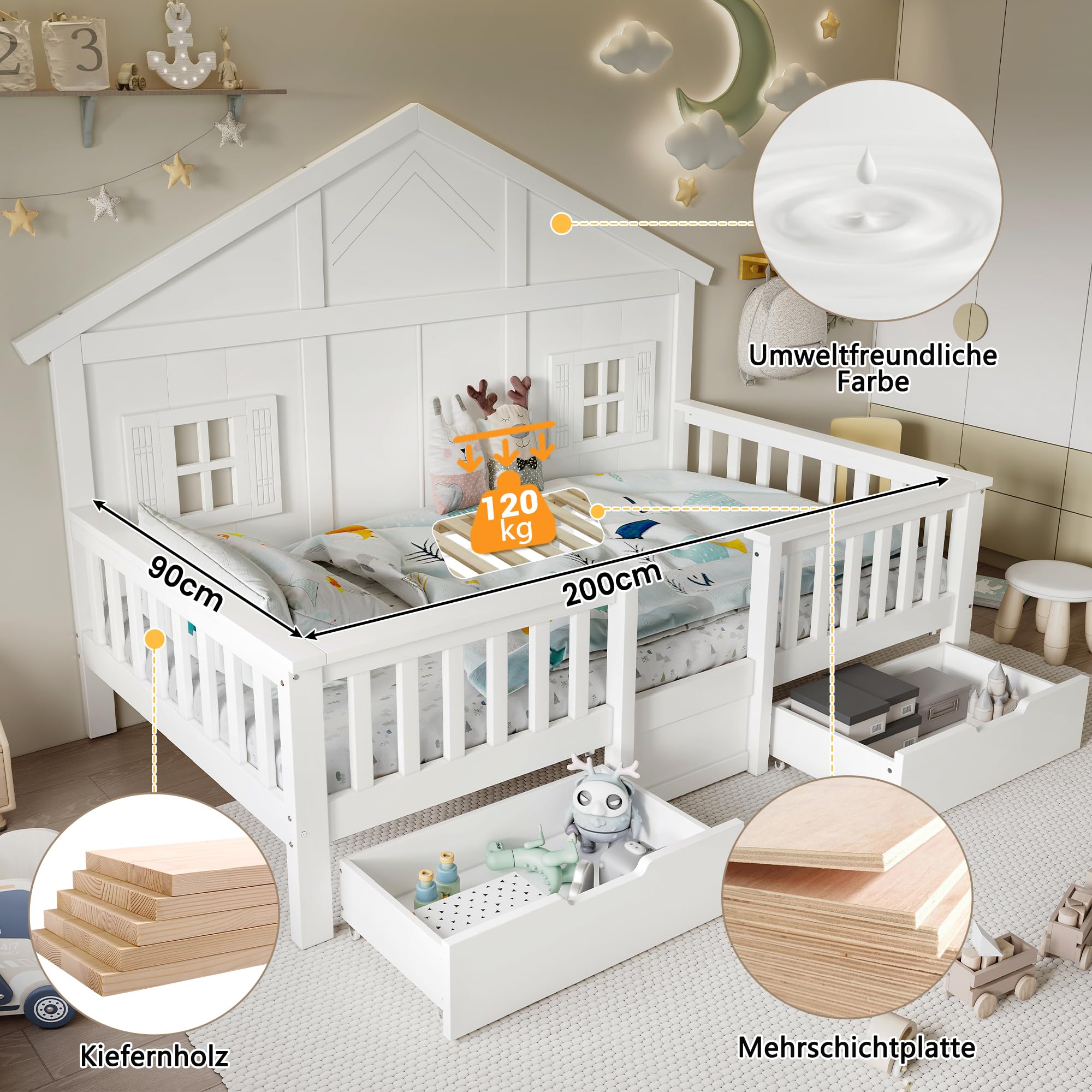 Letto Casetta per Bambini Ragazzi 90x200cm con 2 Cassetti, Letto a Forma di Casa con Finestre e Tetto, Rete a doghe, Struttura letto in pino (Senza Materasso)