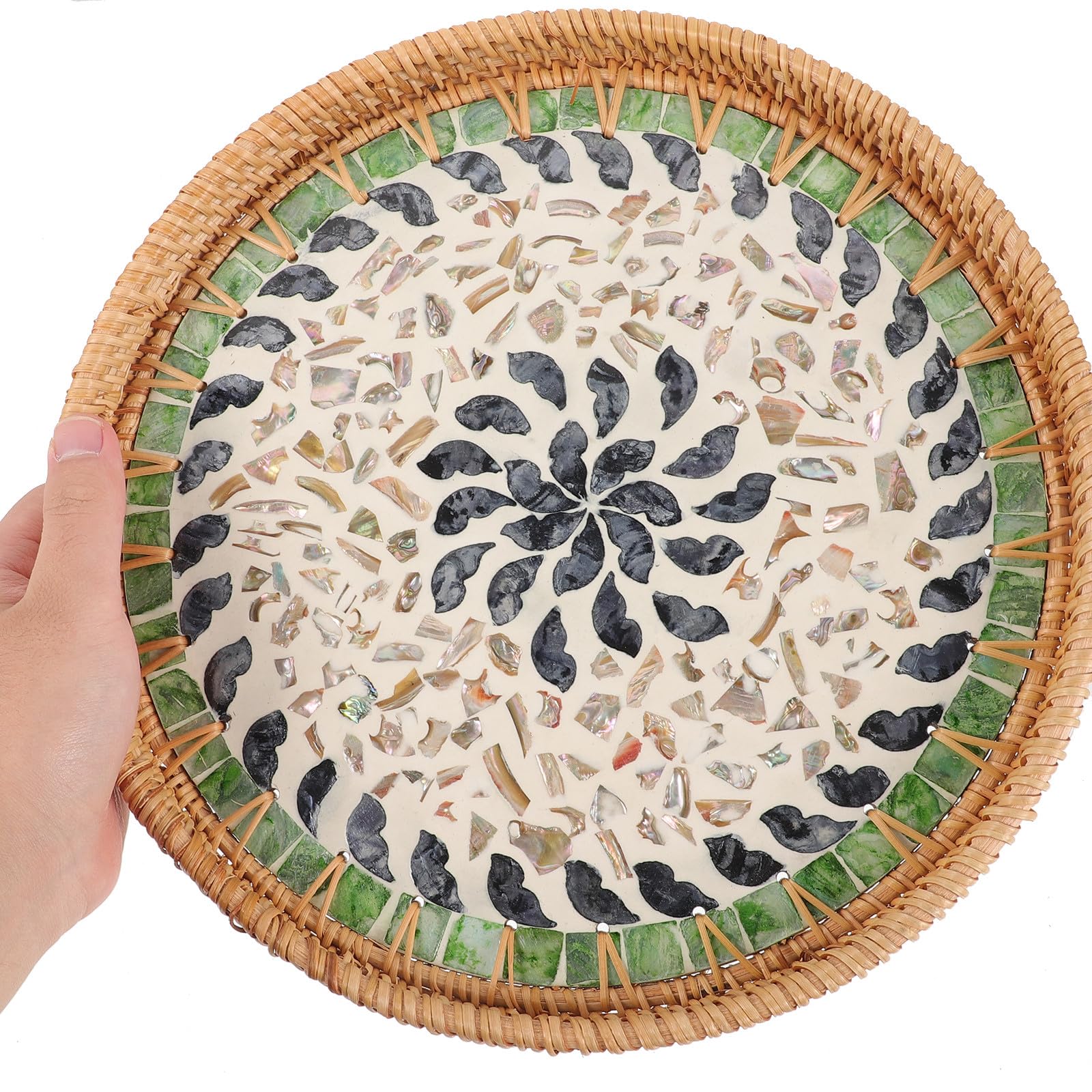 Bandeja Redonda Tejida de Ratán y Conchas Decorativa y Rústica para Servir y Almacenar en Cocina o Baño, Soporte Adecuado para Artículos Diversos
