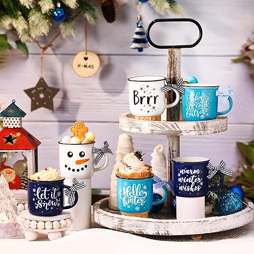 Miniatura 7 de Hello Winter - Juego de 6 tazas de café con diseño de muñeco de nieve Let It Snow con forma de copo de nieve, bandeja escalonada, decoración para