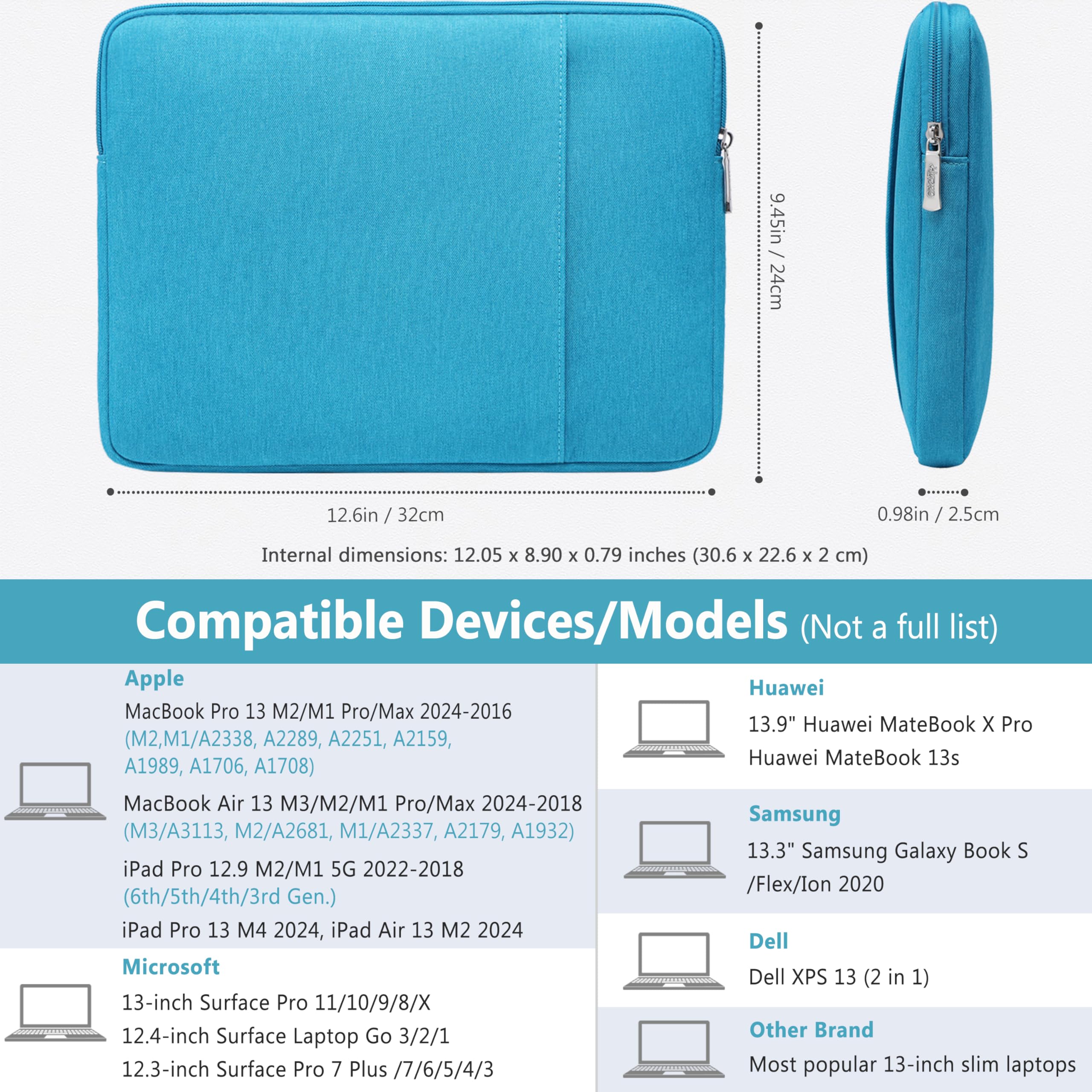 HYZUO 13 Pollici Set di Custodie per Portatili Compatibile con MacBook Air 13 M3/M2/M1 A3113 2024-2018, MacBook Pro 13 M2/M1 Pro/Max A2686 2024-2016, XPS 13, 12,3"-13" Surface Pro 11-3, Blu Lago