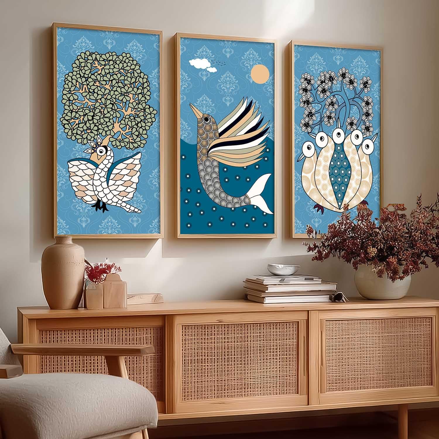 kotart - Madhubani Art Painting with Frame for Living Room | Painting for wall Decoration Hanging Frames |Traditional Indian Art Pichwai Wall Dรฉcor Paintings SET OF 3 (10X19 INCH, D)