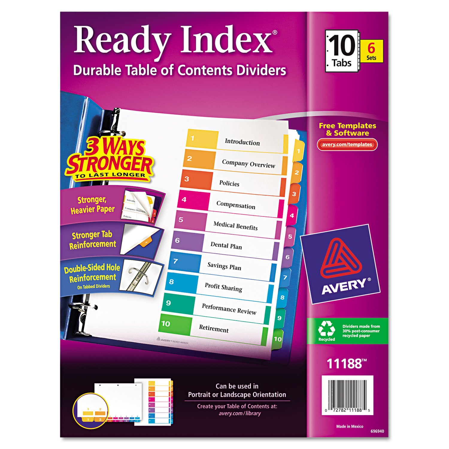 Avery 11188 Ready Index Dividers, Tabs 1-10, Letter Size, Multicolor, 6 Sets/PK