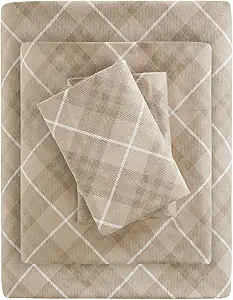 True North by Sleep Philosophy Cozy Flannel Warm 100% Cotton Sheet - Novelty Print Animals Stars Cute Ultra Soft Cold Weather Bedding Set, Twin XL, Tan Plaid 3 Piece