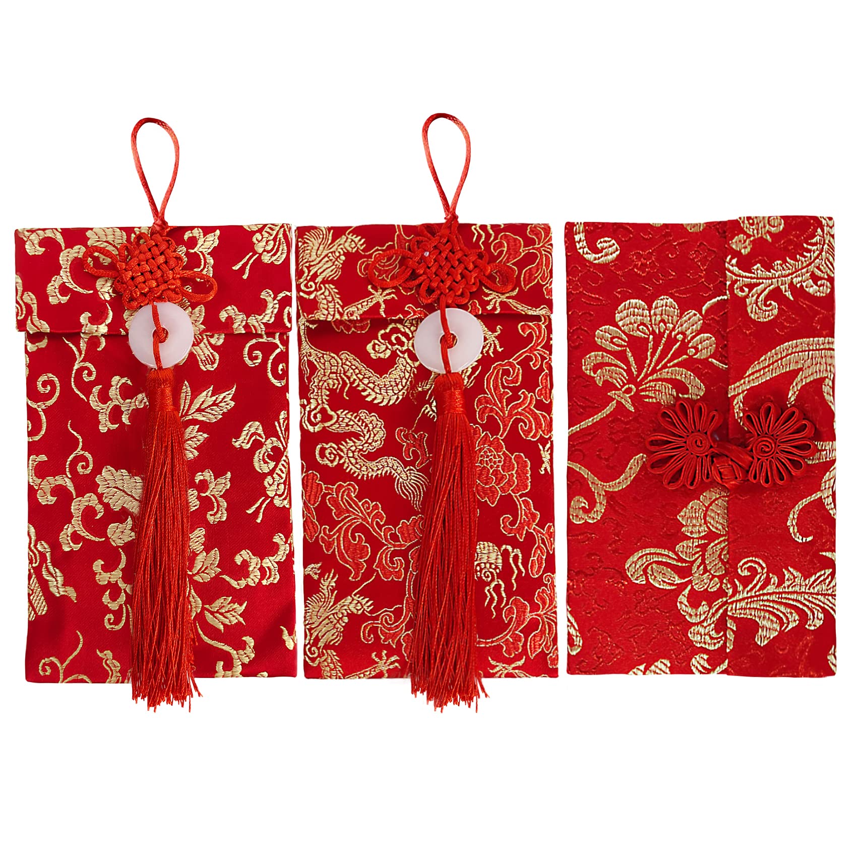 3 pcs Embroidered Red Envelopes, UNIIDECO Chinese Lunar New Year Lai Si Envelope Honhbao, Angpao Gift Wrap Bags Red Lucky Money Pockets for Spring Festival Wedding Birthday, Traditional Decoration