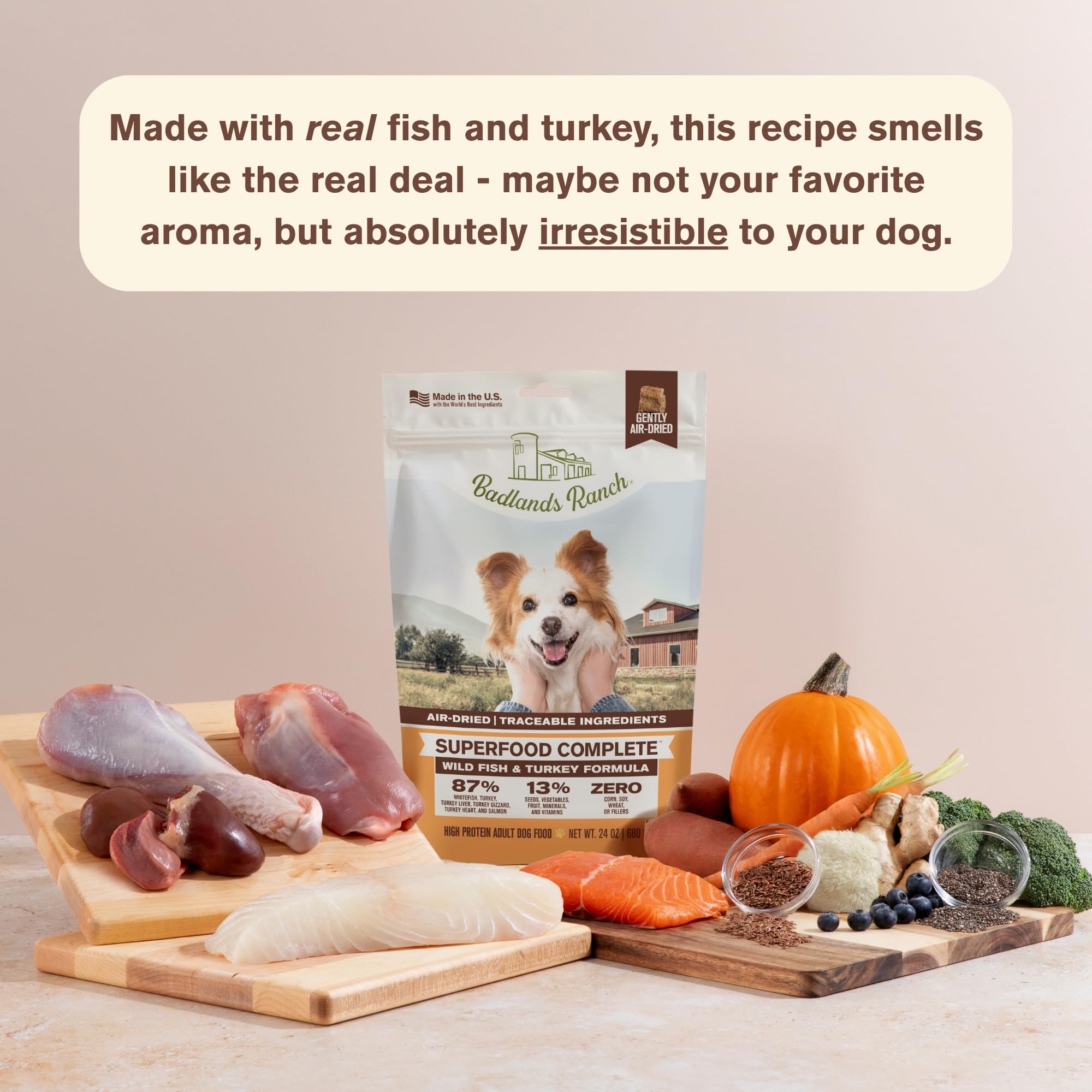 BADLANDS RANCH - Superfood completo, cibo per cani adulti essiccato all'aria - High Protein, Zero Fillers, Superfood Nutrition di Katherine Heigl (24 once. Formula di pesce selvatico e tacchino)