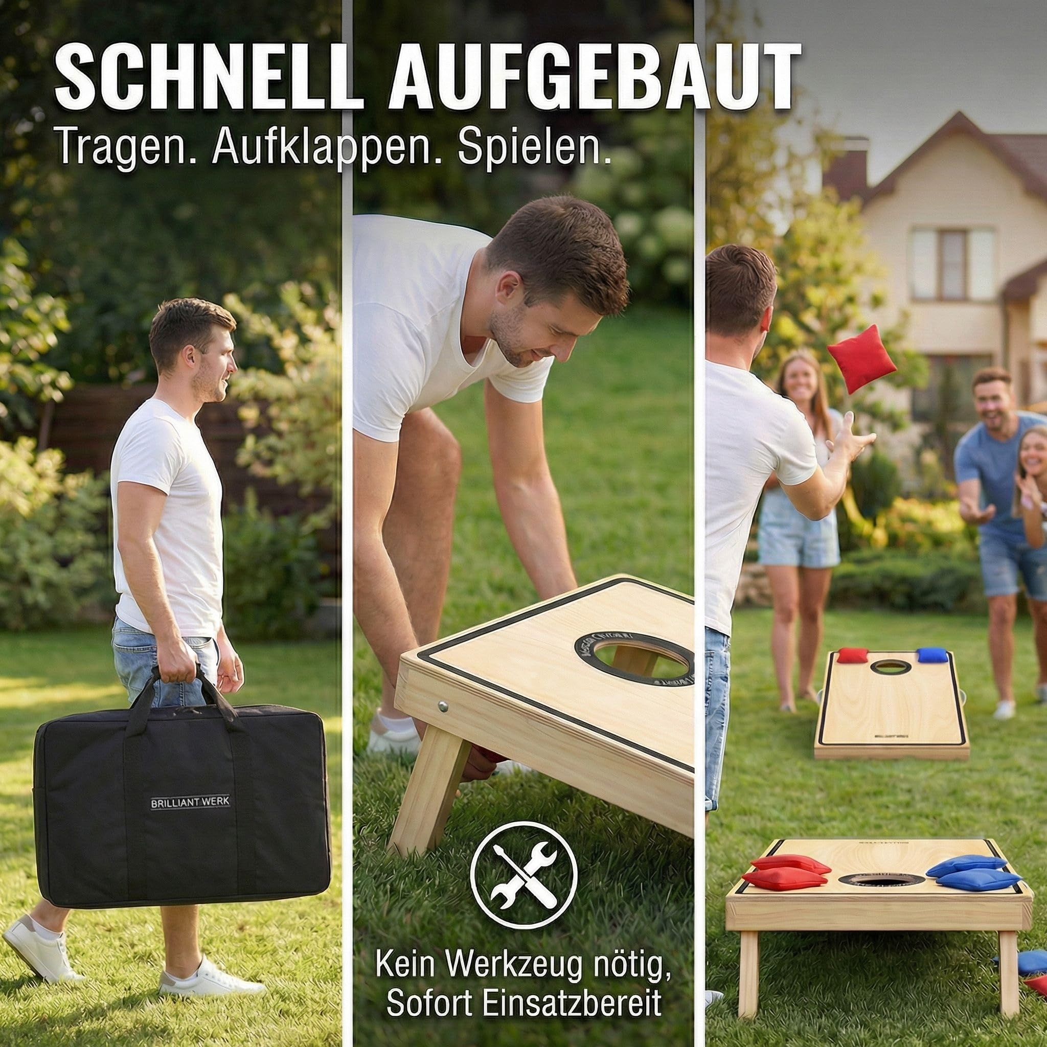 Briliantwerk® Cornhole Spiel Outdoor – Hochwertiges 11-teiliges Echtholz Wurfspiel | Sackloch Spiel für Erwachsene & Kinder | Bean Bag Game für Draußen (lackiert)