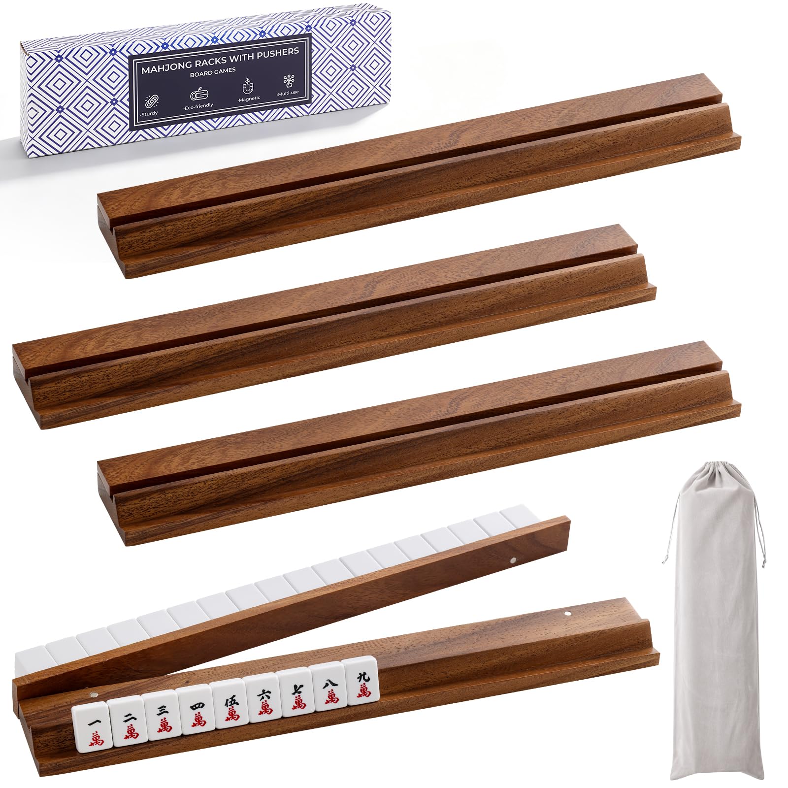 Rack Mahjong in noce con pulsanti magnetici, 44,5 cm