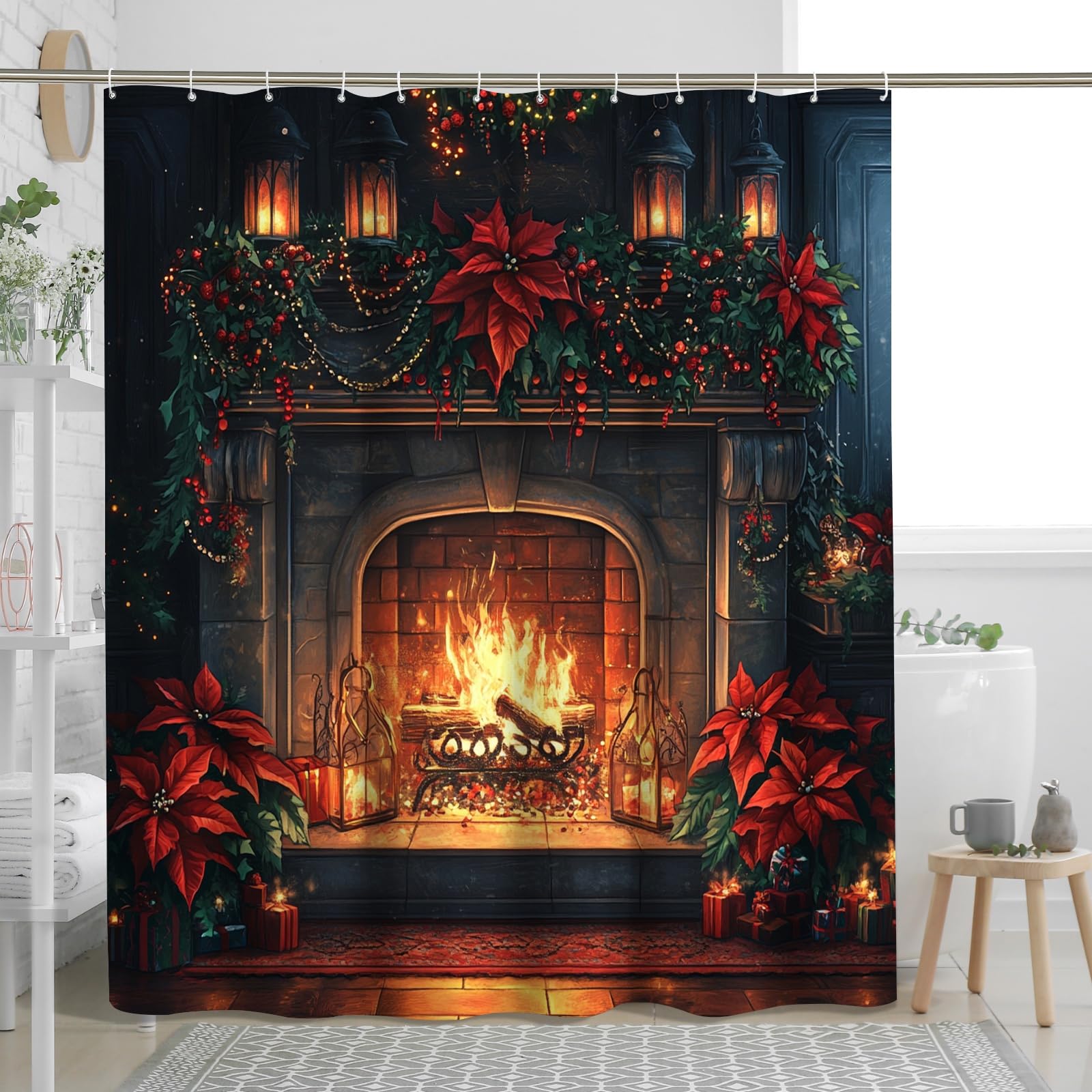 Merry Christmas Fireplace Shower Curtain Set, Family Xmas Landscape Shower Curtain, Holiday New Year Bathroom Accessory, Polyester Fabric Decoration 62''x72''