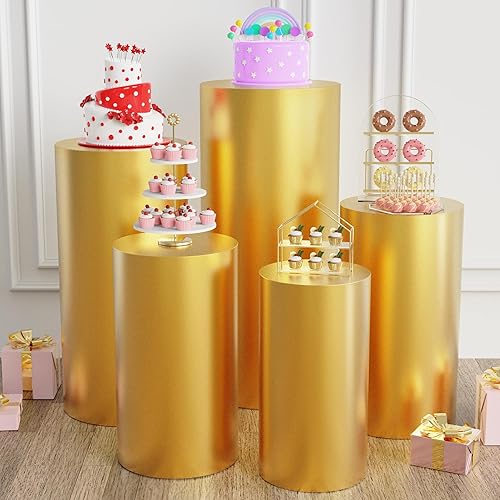 Juego de 5 fundas para pedestal de cilindro de elastano, color dorado, funda de tela elástica bronceadora para accesorios de boda, fiesta de