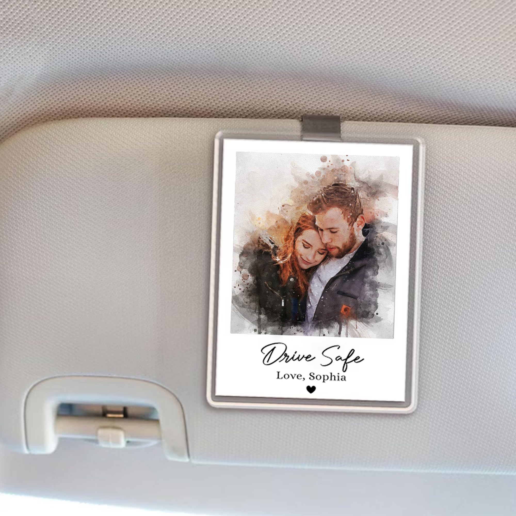 Personalized Watercolor Couple Portrait Photo Car Visor Clip Drive Safe I Love You Car Accessory Custom Photo Gift — view 2