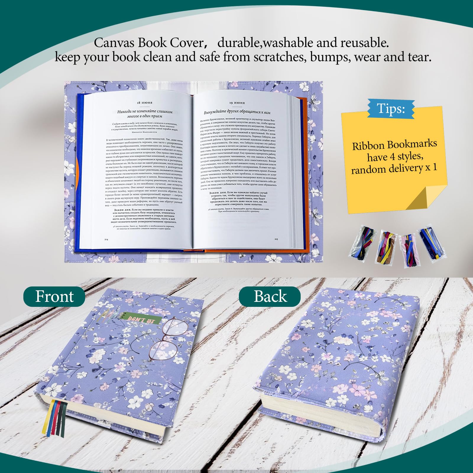 Fundas ajustables para libros, protector de libros de tela de lona lavable con bolsillos, marcapáginas, doble cara con estampado floral, funda para libro de tapa dura, novelas, libros de texto,
