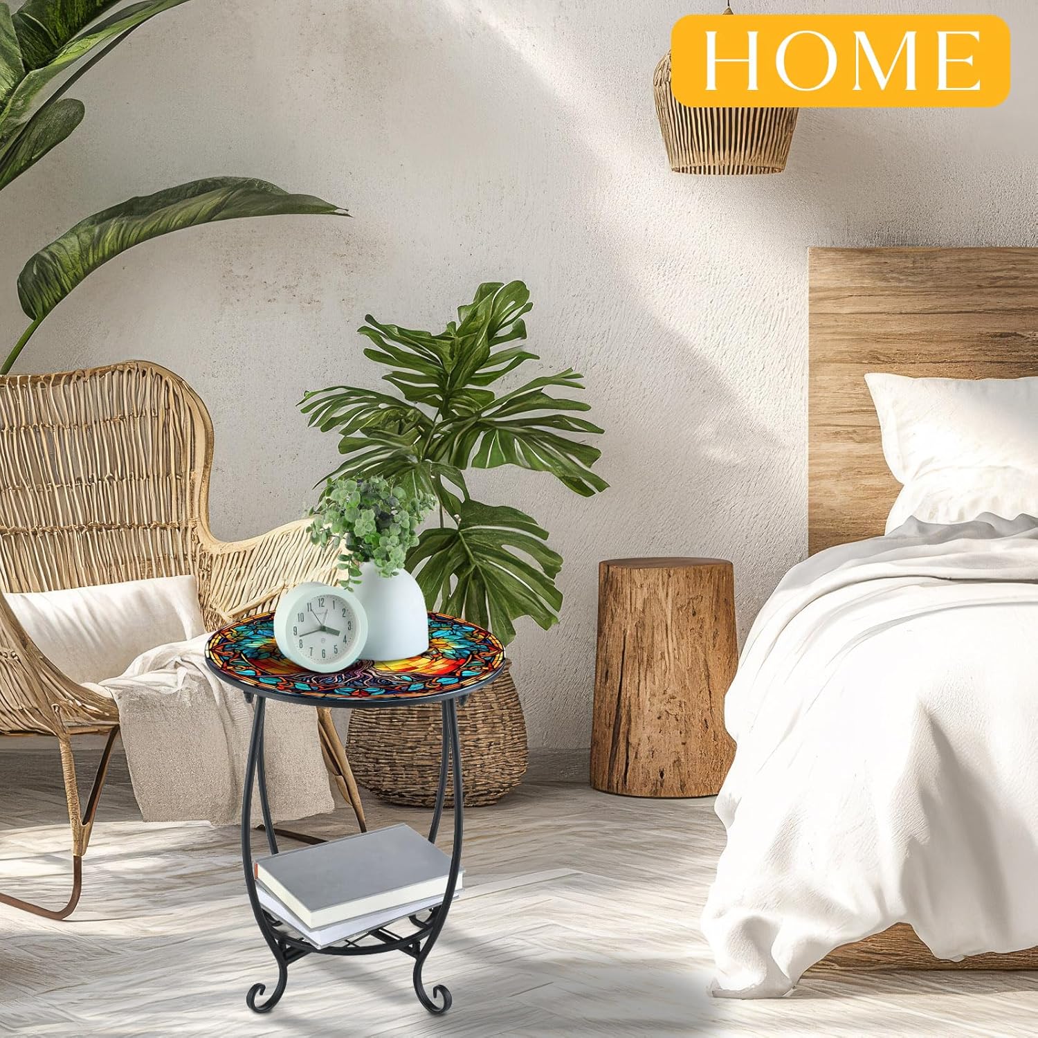 Cinnvoice Outdoor Side Table Round Small Mosaic Patio Accent Indoor End Plant Coffee Tea Table for Yard Patio Porch Garden Living Room, Bedroom(Tree Style,14 Inch)