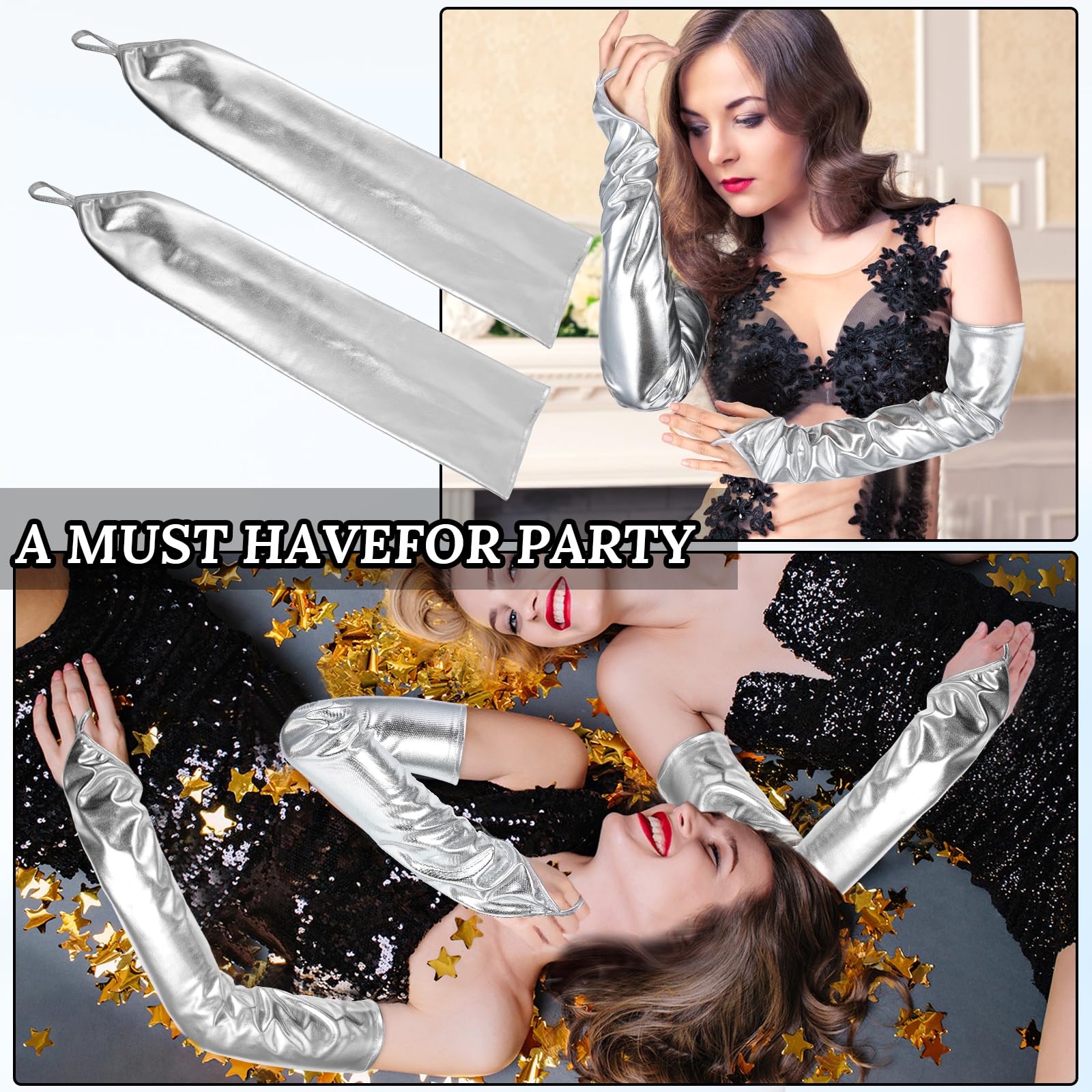 Metaliczne rękawiczki bez palców, srebrne rękawiczki do łokci, długie rękawiczki operowe dla kobiet, rave, wieczór, Halloween, kostiumy, przyjęcie herbaciane, cosplay, maskarada, lata 80, Srebrny