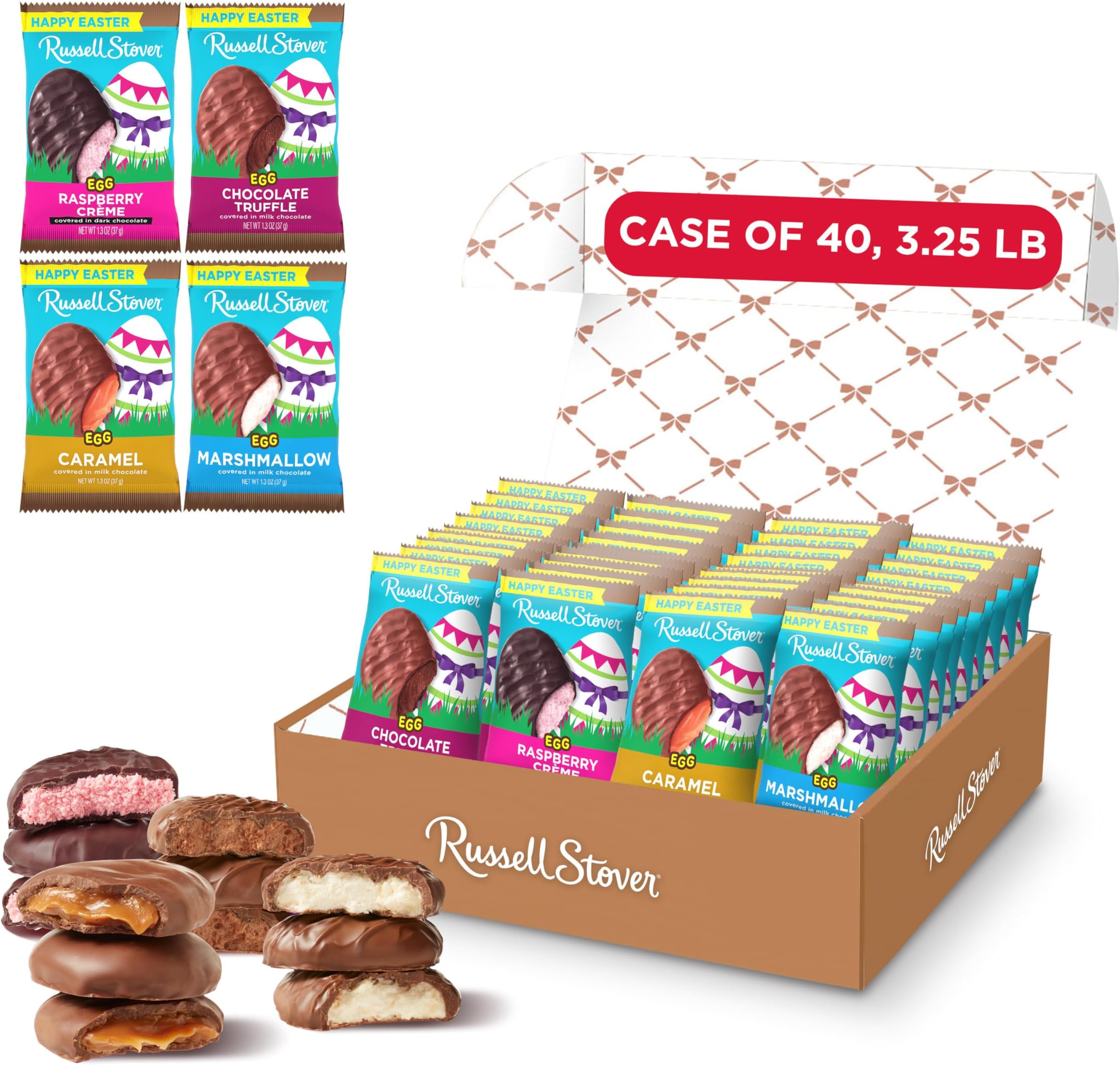 ONLINE EXCLUSIVE - Russell Stover Easter Assorted Chocolate Candy Eggs, 1.3 oz. (Pack of 40) - Marshmallow, Caramel, Truffle, Raspberry Creme - Easter Basket Chocolate Candy