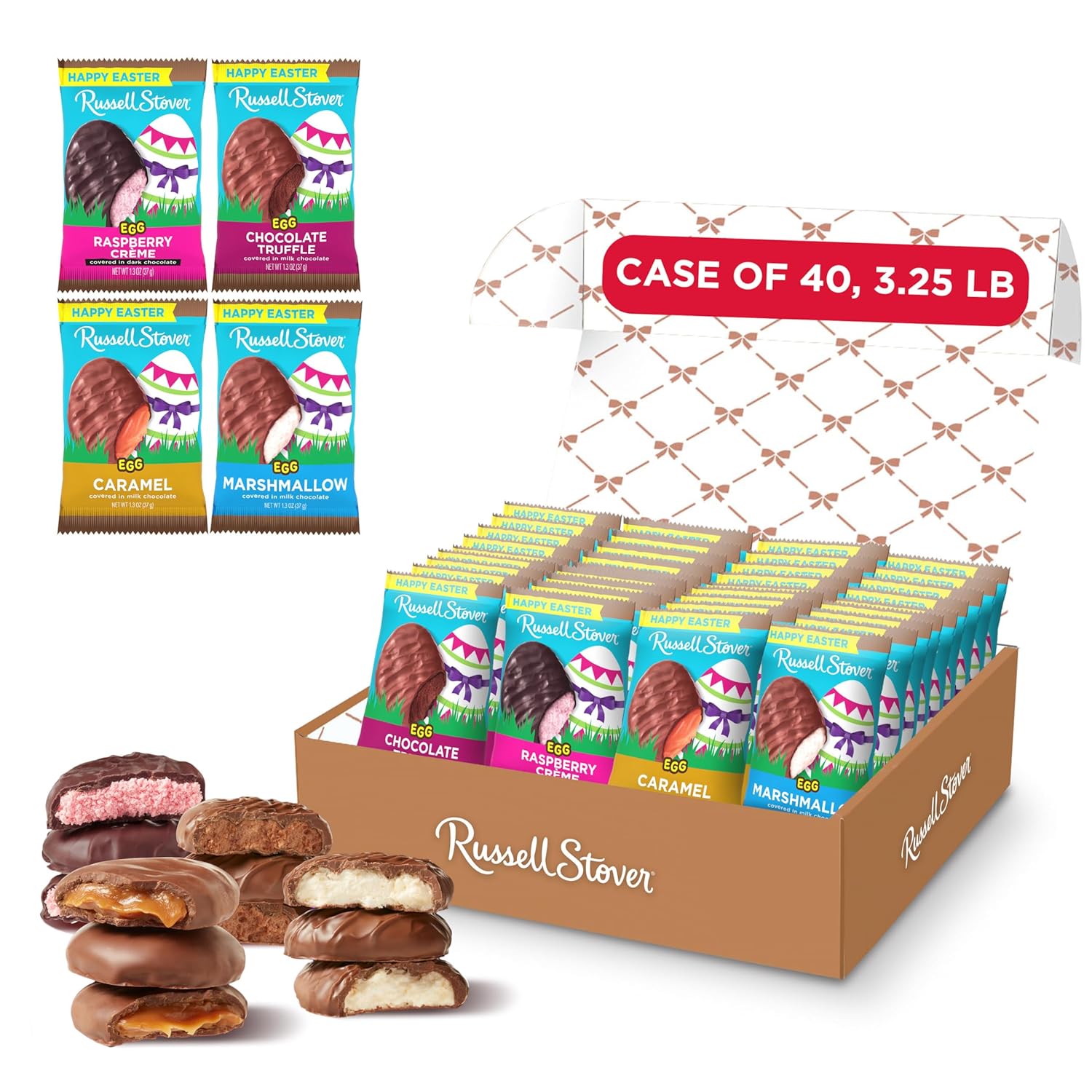 ONLINE EXCLUSIVE - Russell Stover Easter Assorted Chocolate Candy Eggs, 1.3 oz. (Pack of 40) - Marshmallow, Caramel, Truffle, Raspberry Creme - Easter Basket Chocolate Candy
