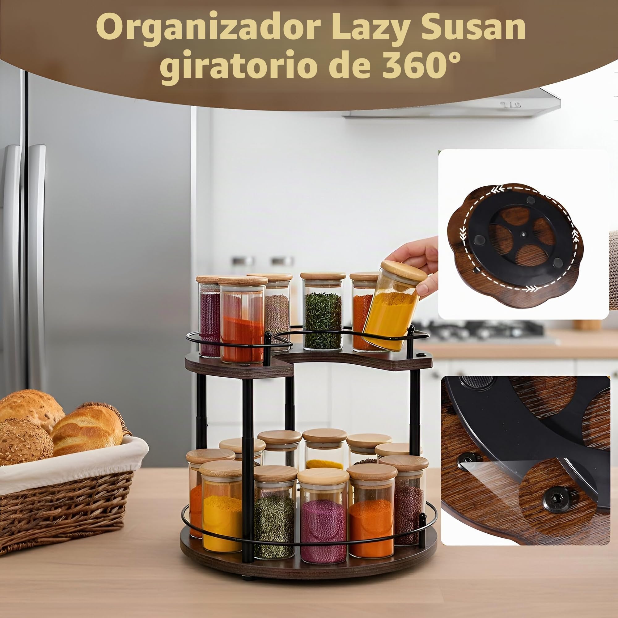 Estante de Especias Giratorio de Madera de 2 Niveles Lazy Susan | Organizador giratorio madera 35 cm, bandeja ajustable en altura para armario, encimera y despensa, diseño compacto y versátil