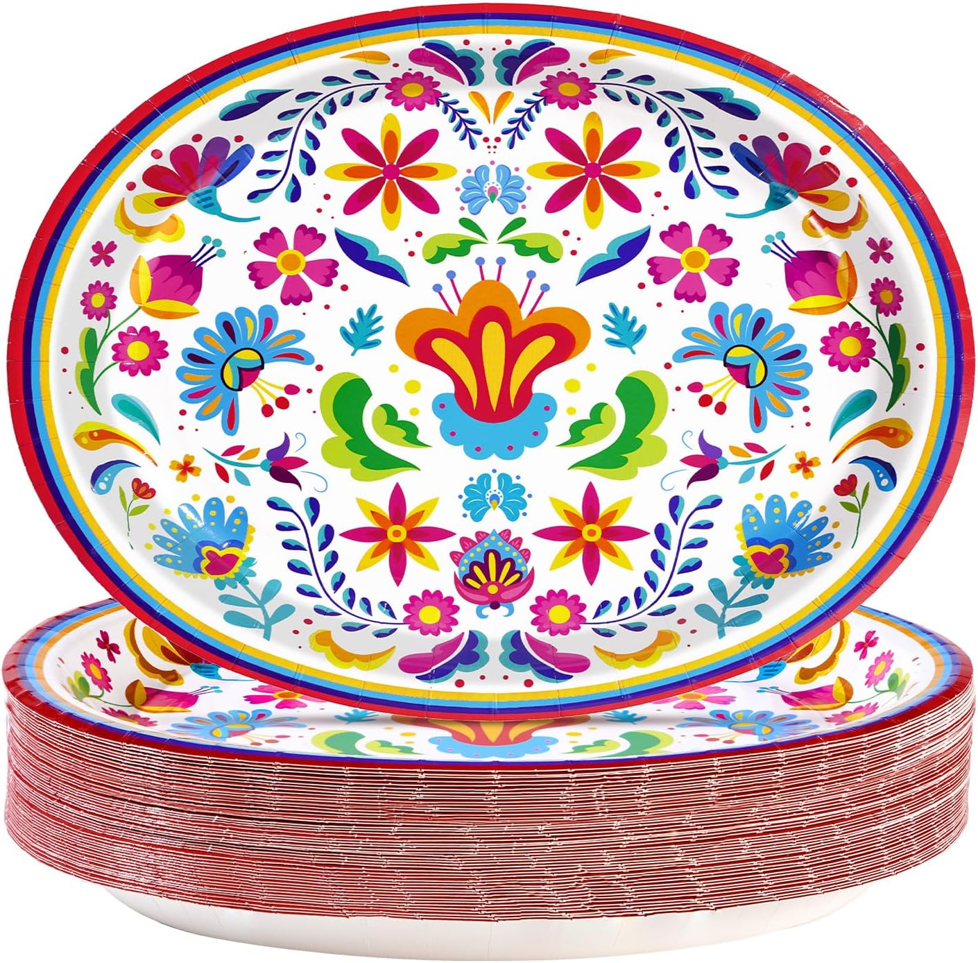 50Pcs Mexican Fiesta Oval Paper Plates 10" x 12" Large Disposable Heavy Duty Colorful Mandala Floral Party Plates Cinco De Mayo Dessert Platters for Taco Tuesday Birthday Party Supplies Decor