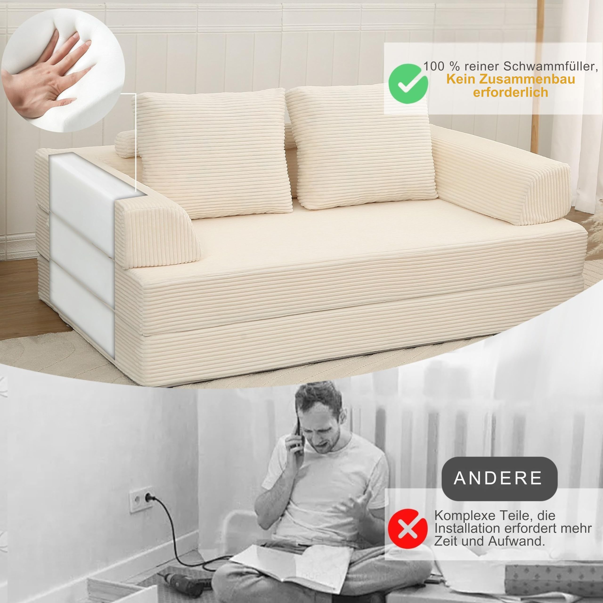MeMoreCool Boneless Sofa Bett aus Cord – Boden Schlafsofa Convertible Futon mit Kissen, Bequeme Schaumstoff-Matratze, Vielseitige Lounge Cloud Couch für Wohnzimmer & Schlafzimmer, Beige