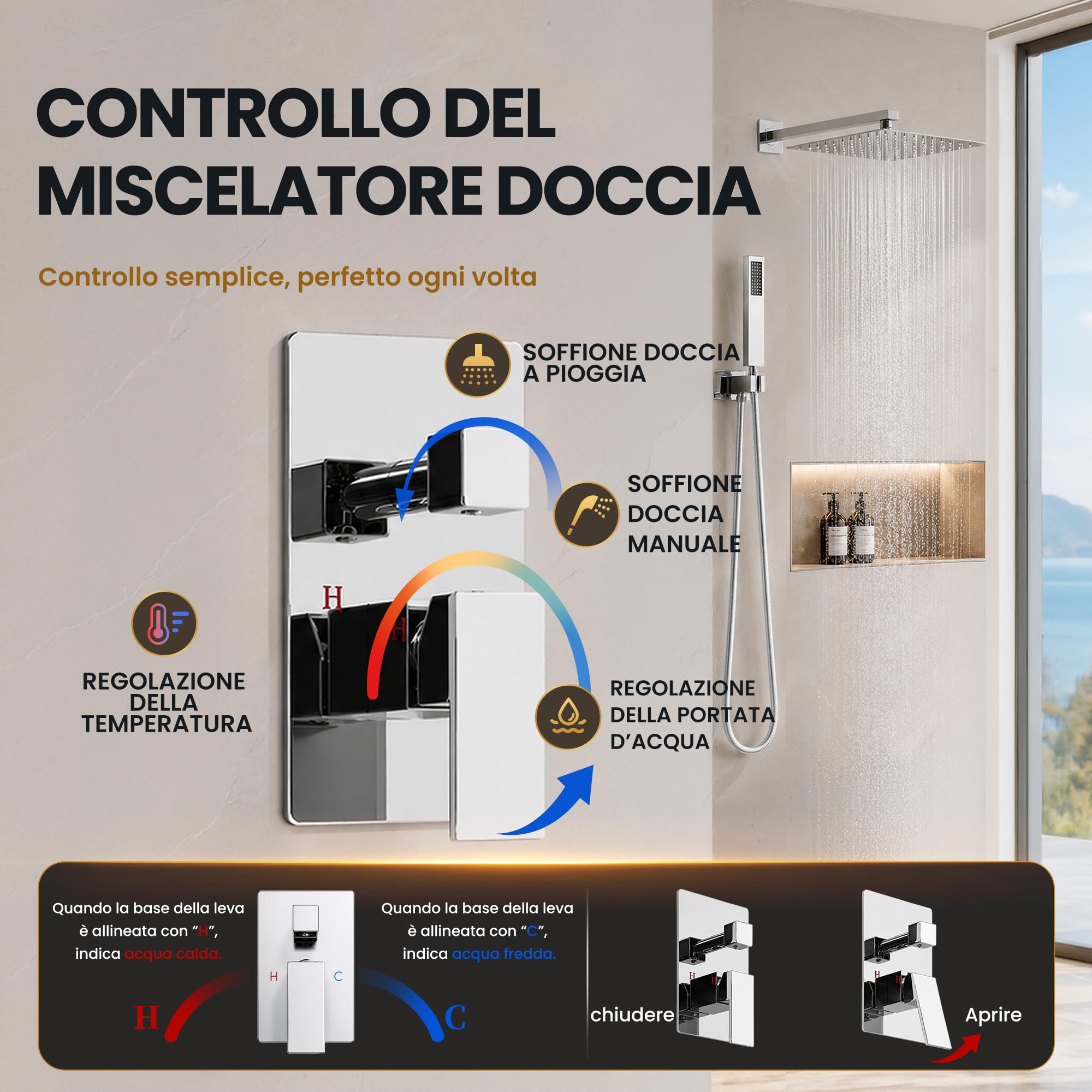 Set Doccia Incasso con Soffione a Pioggia 30 cm, Cromo Lucido | Corpo Valvola in Ottone, Cartuccia di Bilanciamento Della Pressione in Ceramica, Soffione Pioggia e Doccetta in Acciaio Inox