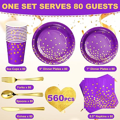 Miniatura 2 de Sieral 560 platos de fiesta morados y dorados para 80 invitados, juego de vajilla desechable, platos de papel de postre con servilletas moradas,