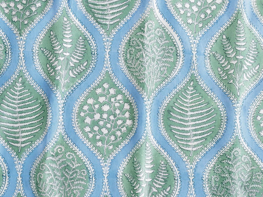 Saffron Marigold Round Hand Block Printed Tablecloth - Blue Woodland Ferns Luxurious 100% Cotton, Washable, for Home Decor, Kitchen, Coffee Or Dining Table 90 Inch
