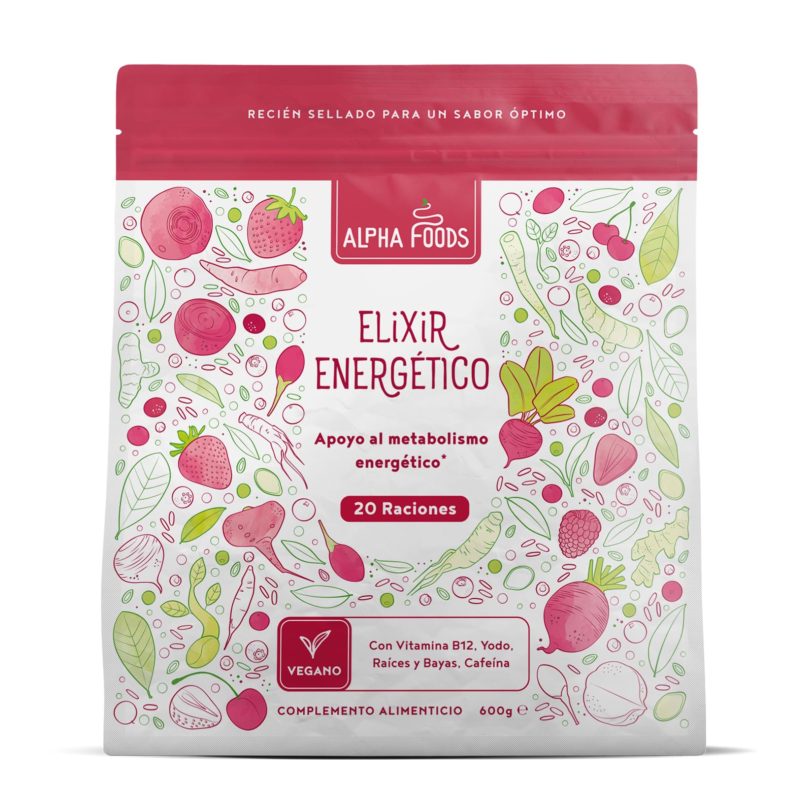 Elixir Energético | 600 Gramos | Superfood Smoothie Powder con raíces y bayas: Maca, Cúrcuma, Guaraná, Yerba Mate, Frambuesas, Açai, Bayas de Goji | Alternativa al Café | Alpha Foods