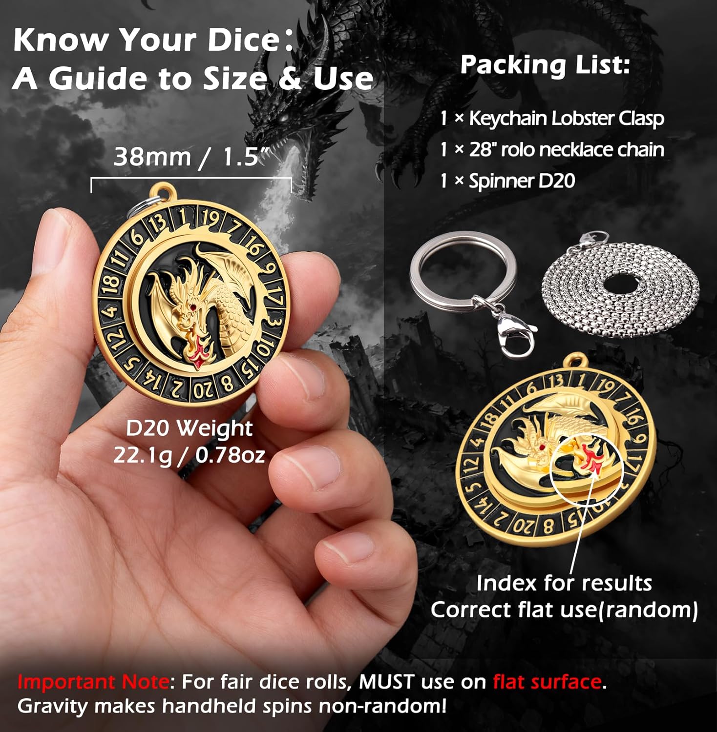 Haxtec D20 Spinner Dice Keychain DND Necklace Valentines Day Gifts for Him Her Portable Metal Dice Set D&D Compatible with Dungeons and Dragons TTRPG Black Gold