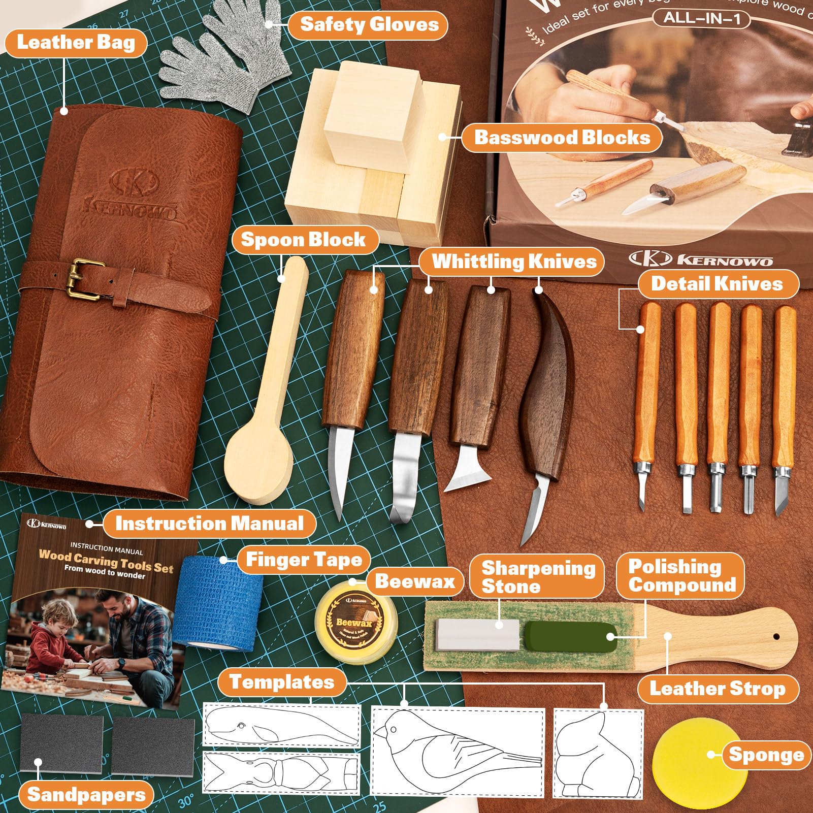 Wood Carving Kit, 32Pcs Wood Carving Tools with PU Storage Bag, Wood Whittling Knife Kit with 4pcs Templates & 11pcs Wood Carving Knives for Wood DIY Beginners