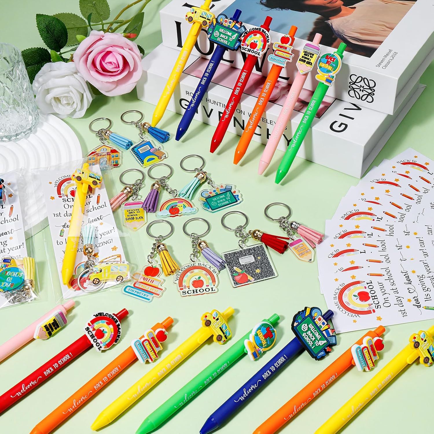24 Set Back to School Gifts for Students Bulk Ballpoint Pens Keychains and Greeting Cards Set First Day of School Supplies Gifts for Teacher Classroom Rewards Party Favors - Image 4