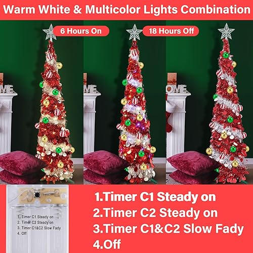 Miniatura 4 de Árbol de Navidad de oropel desplegable de 5 pies con 60 luces de cambio de color blanco cálido y multicolor, árbol de Navidad preiluminado con