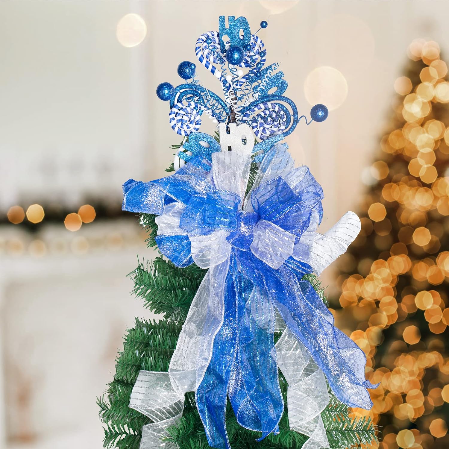 Christmas Tree Topper Bow, Christmas Ornament Large Bow with Glitter