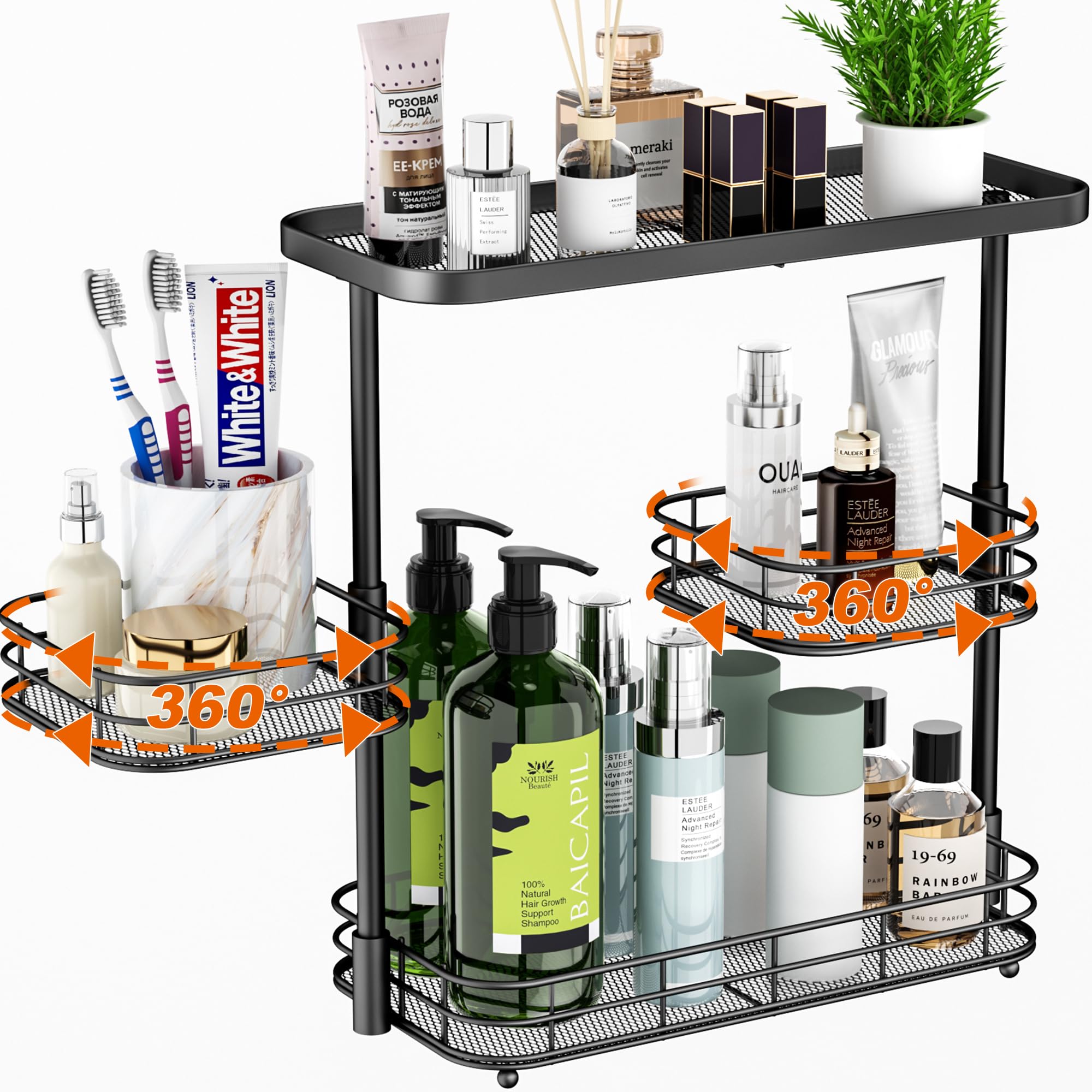 VITVITI3 Tier Bathroom Organizer Countertop, Metal Wire Bathroom Counter Vanity Organizer Storage, Mesh Bathroom Sink Kitchen Shelf Rack with 360 Rotating Basket, Black